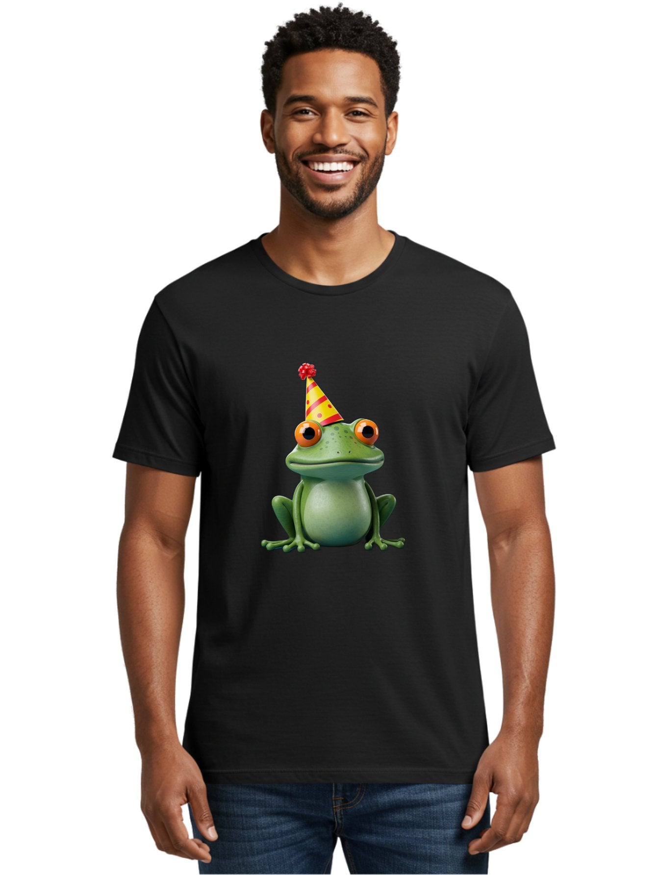 Party-Frog-3 Men'S Graphic Tee, 100% Cotton, Comfortable Casual Summer Wear, Machine Washable, Cartoon Frog, Party Hat, Festive Atmosphere, Celebration Mode, Fun And Playful, Vibrant Colors, Happy Mood, 3D Rendering, Humorous Character, Bac211 21
