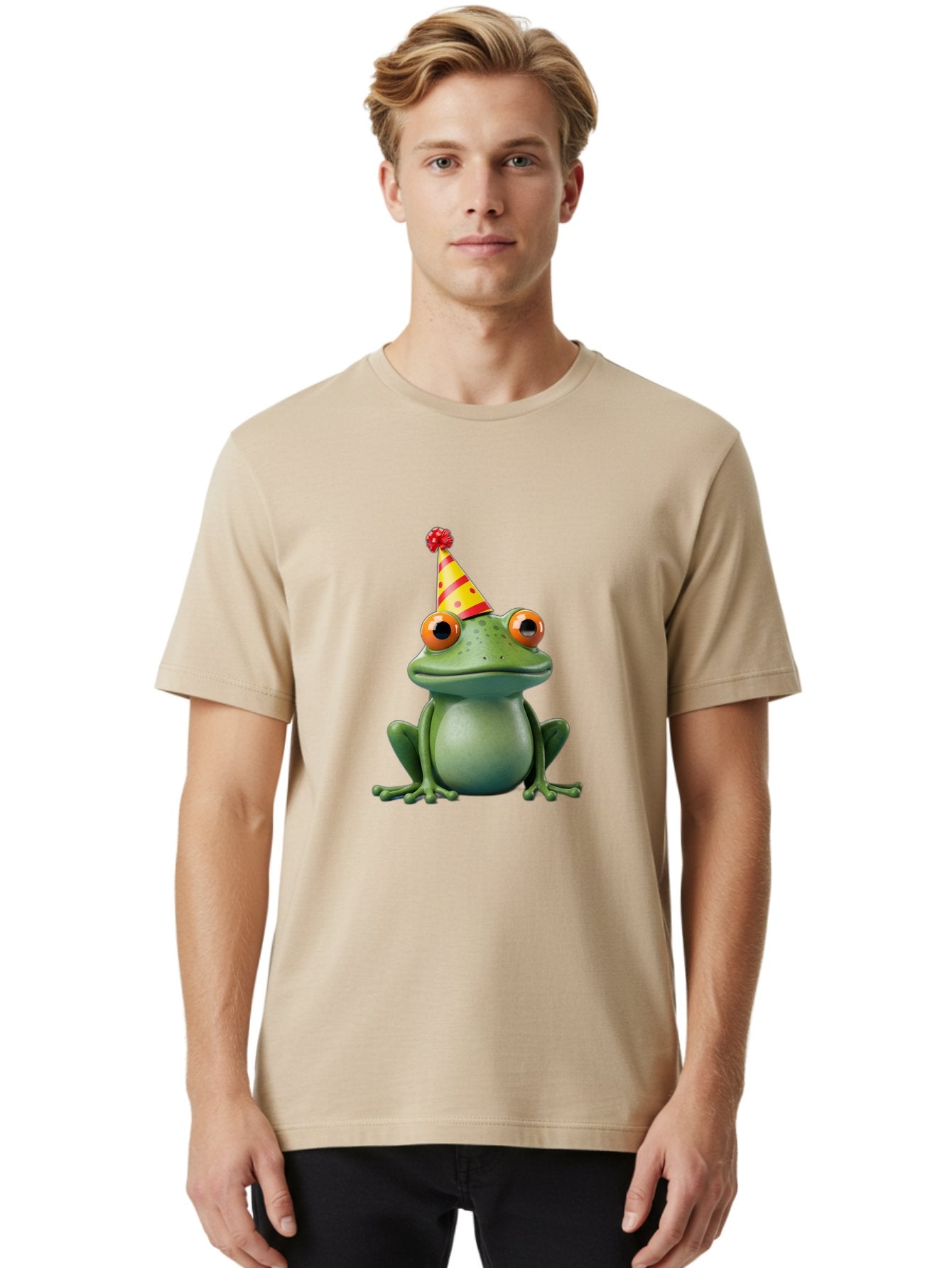Party-Frog-3 Men'S Graphic Tee, 100% Cotton, Comfortable Casual Summer Wear, Machine Washable, Cartoon Frog, Party Hat, Festive Atmosphere, Celebration Mode, Fun And Playful, Vibrant Colors, Happy Mood, 3D Rendering, Humorous Character, Bac211 26