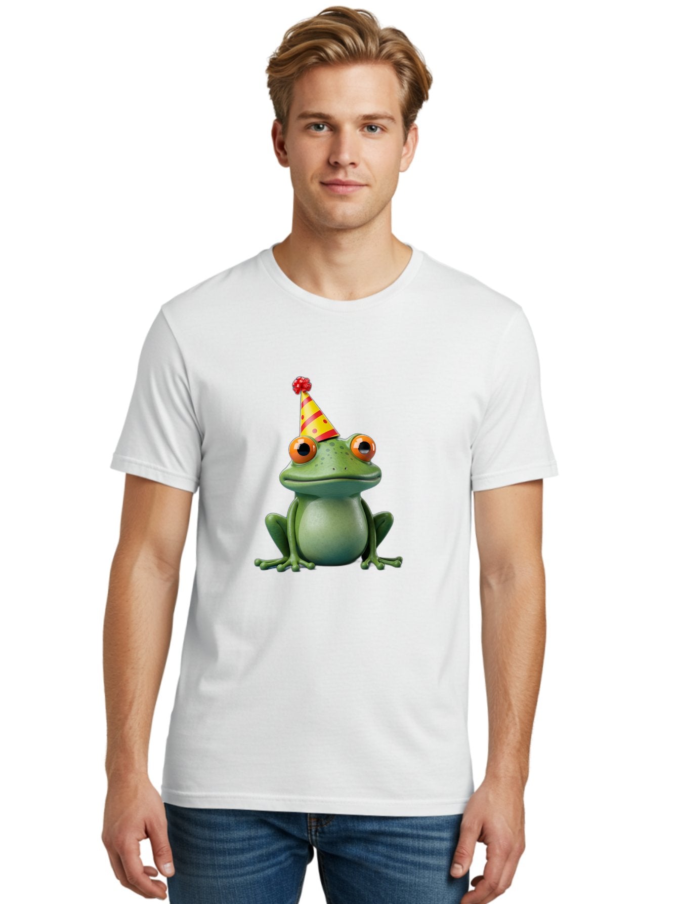 Party-Frog-3 Men'S Graphic Tee, 100% Cotton, Comfortable Casual Summer Wear, Machine Washable, Cartoon Frog, Party Hat, Festive Atmosphere, Celebration Mode, Fun And Playful, Vibrant Colors, Happy Mood, 3D Rendering, Humorous Character, Bac211 25