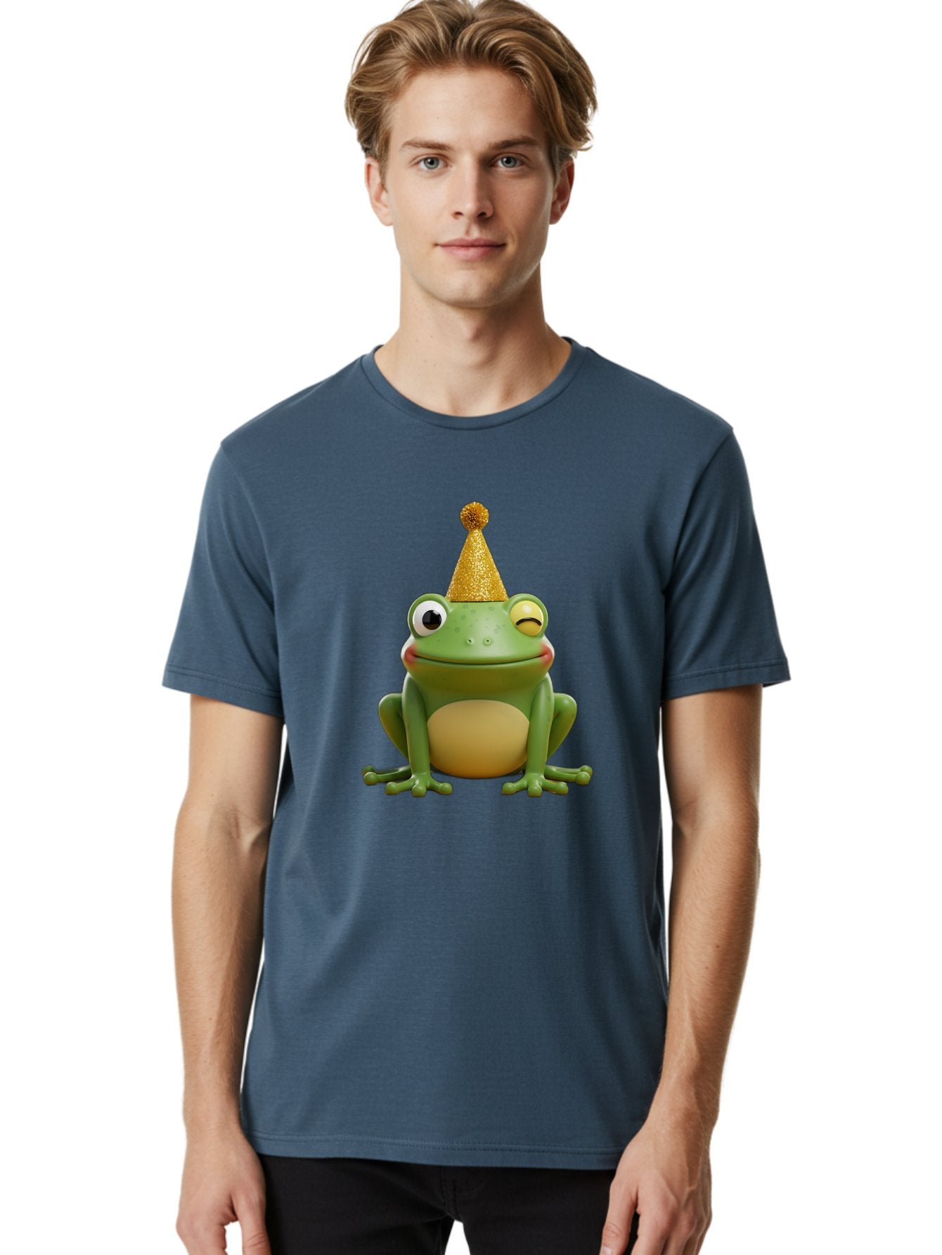 Party-Frog-5 Men'S Graphic Tee, 100% Cotton, Comfortable Casual Summer Wear, Machine Washable, Funny Cartoon Frog, Party Hat, Gold Confetti Hat, Celebration, Happiness, Cute Amphibian, Party Animal, Humorous Illustration, Whimsical Design, Bac213 25