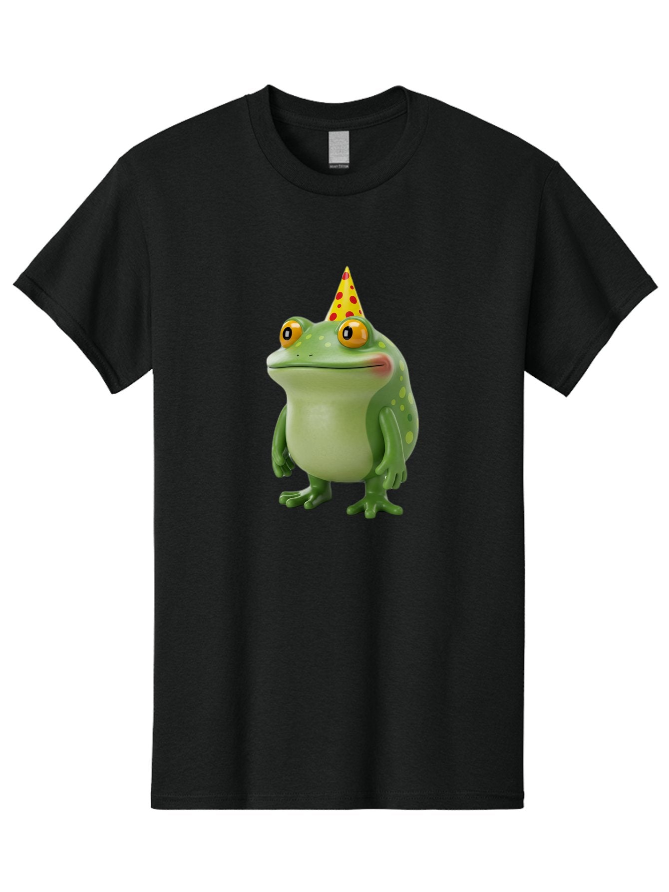 Party-Frog-Hat Men'S Graphic Tee, 100% Cotton, Comfortable Casual Summer Wear, Machine Washable, Cartoon Frog, Birthday Party, Festive Atmosphere, Yellow Party Hat, Red Polka Dots, Large Orange Eyes, Green Amphibian, Fun Celebration, Bac214