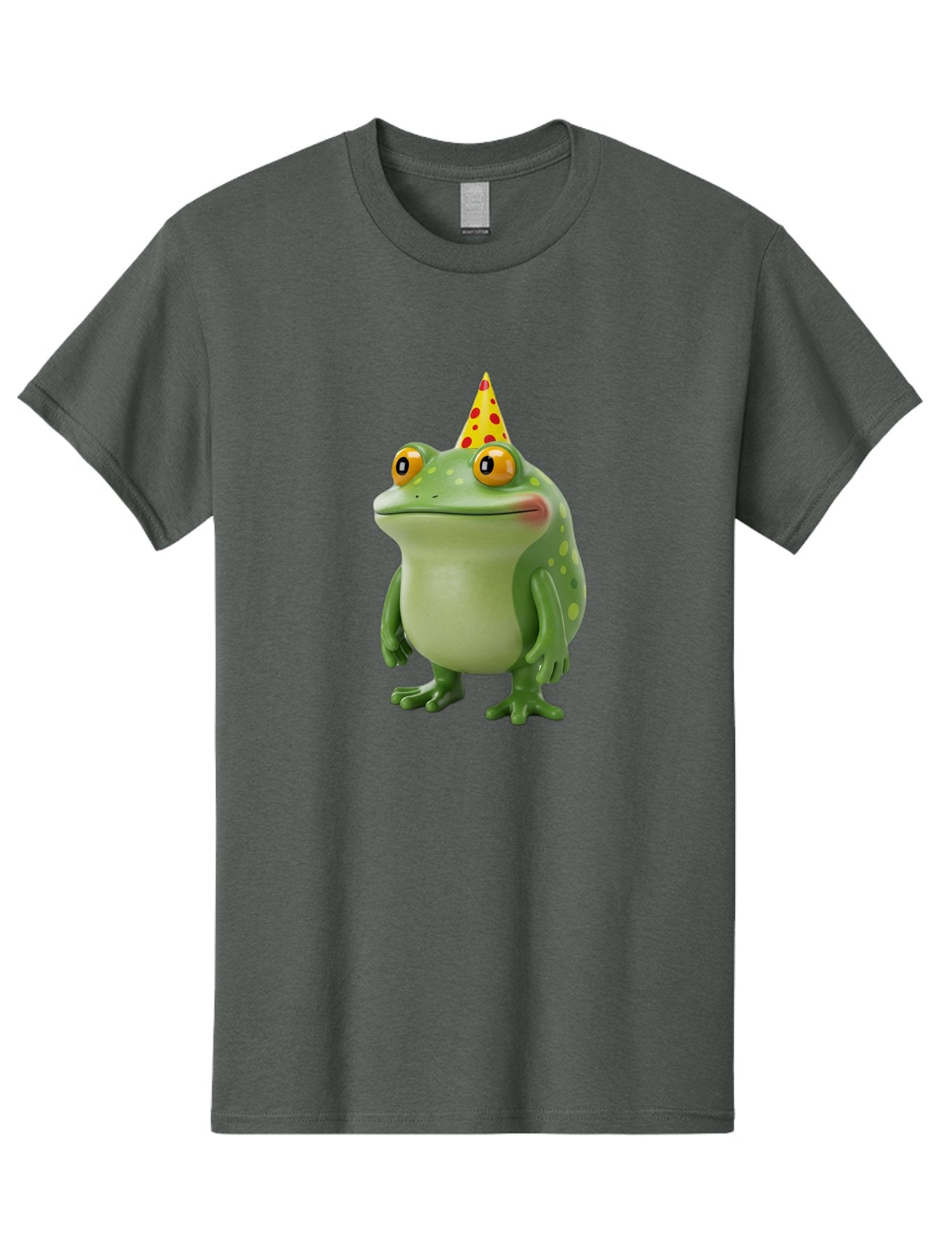 Party-Frog-Hat Men'S Graphic Tee, 100% Cotton, Comfortable Casual Summer Wear, Machine Washable, Cartoon Frog, Birthday Party, Festive Atmosphere, Yellow Party Hat, Red Polka Dots, Large Orange Eyes, Green Amphibian, Fun Celebration, Bac214 7