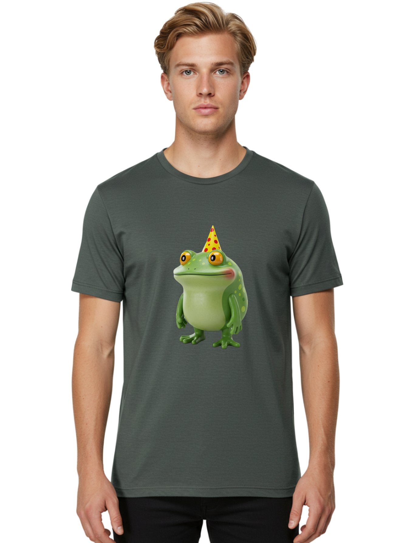 Party-Frog-Hat Men'S Graphic Tee, 100% Cotton, Comfortable Casual Summer Wear, Machine Washable, Cartoon Frog, Birthday Party, Festive Atmosphere, Yellow Party Hat, Red Polka Dots, Large Orange Eyes, Green Amphibian, Fun Celebration, Bac214 16