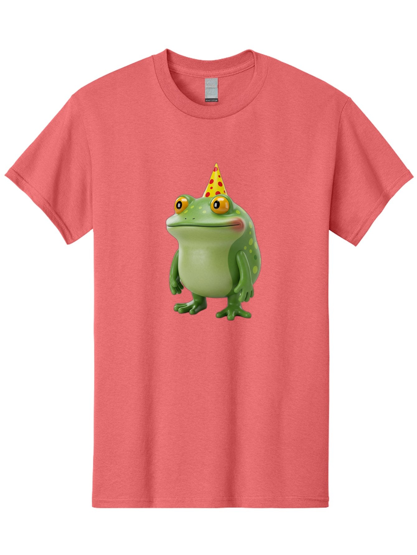Party-Frog-Hat Men'S Graphic Tee, 100% Cotton, Comfortable Casual Summer Wear, Machine Washable, Cartoon Frog, Birthday Party, Festive Atmosphere, Yellow Party Hat, Red Polka Dots, Large Orange Eyes, Green Amphibian, Fun Celebration, Bac214 15