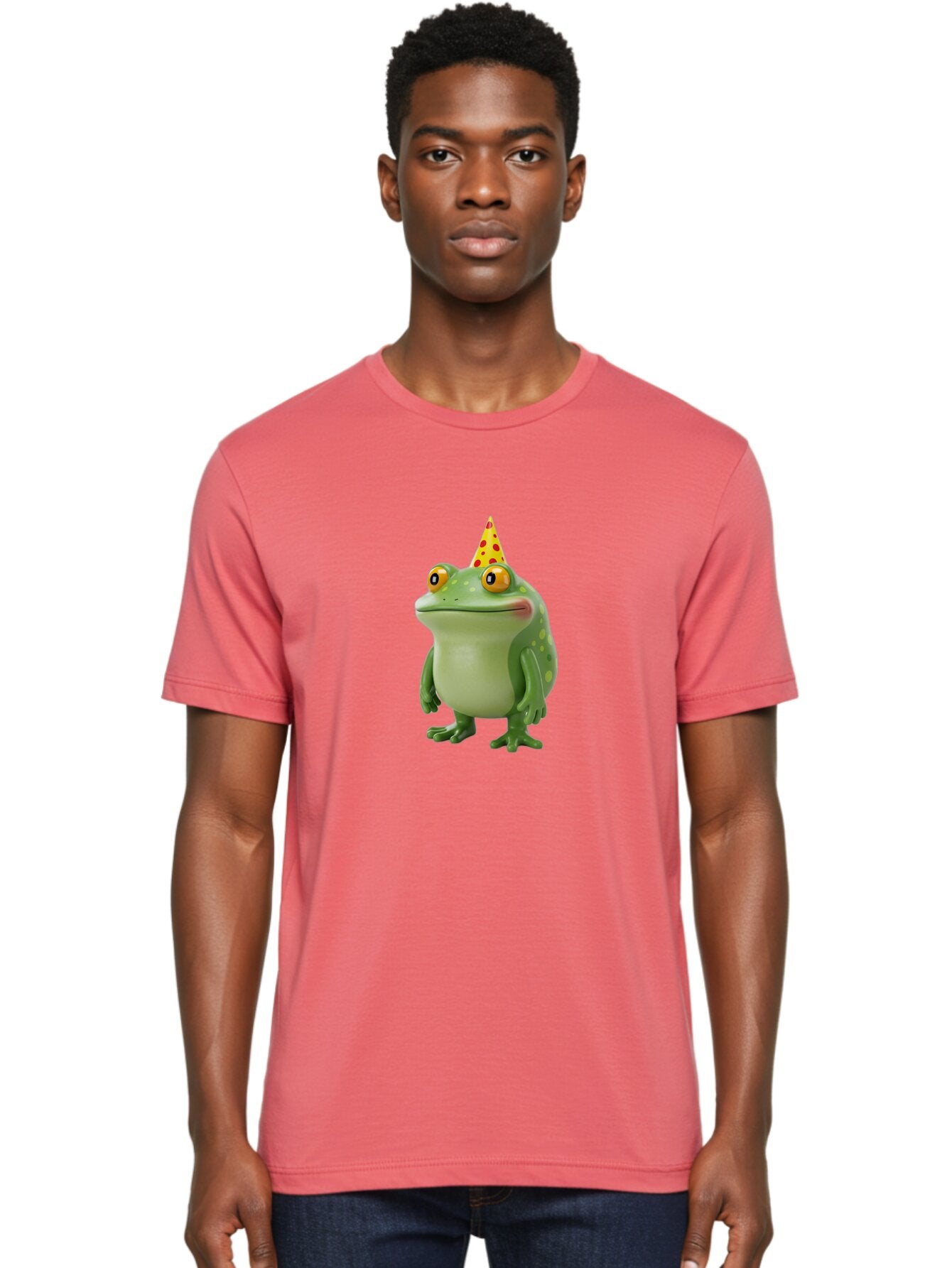 Party-Frog-Hat Men'S Graphic Tee, 100% Cotton, Comfortable Casual Summer Wear, Machine Washable, Cartoon Frog, Birthday Party, Festive Atmosphere, Yellow Party Hat, Red Polka Dots, Large Orange Eyes, Green Amphibian, Fun Celebration, Bac214 30