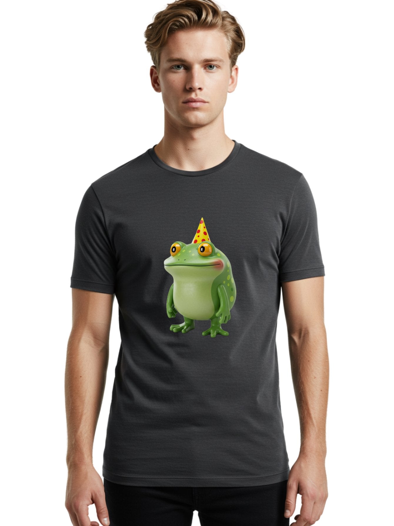 Party-Frog-Hat Men'S Graphic Tee, 100% Cotton, Comfortable Casual Summer Wear, Machine Washable, Cartoon Frog, Birthday Party, Festive Atmosphere, Yellow Party Hat, Red Polka Dots, Large Orange Eyes, Green Amphibian, Fun Celebration, Bac214 18