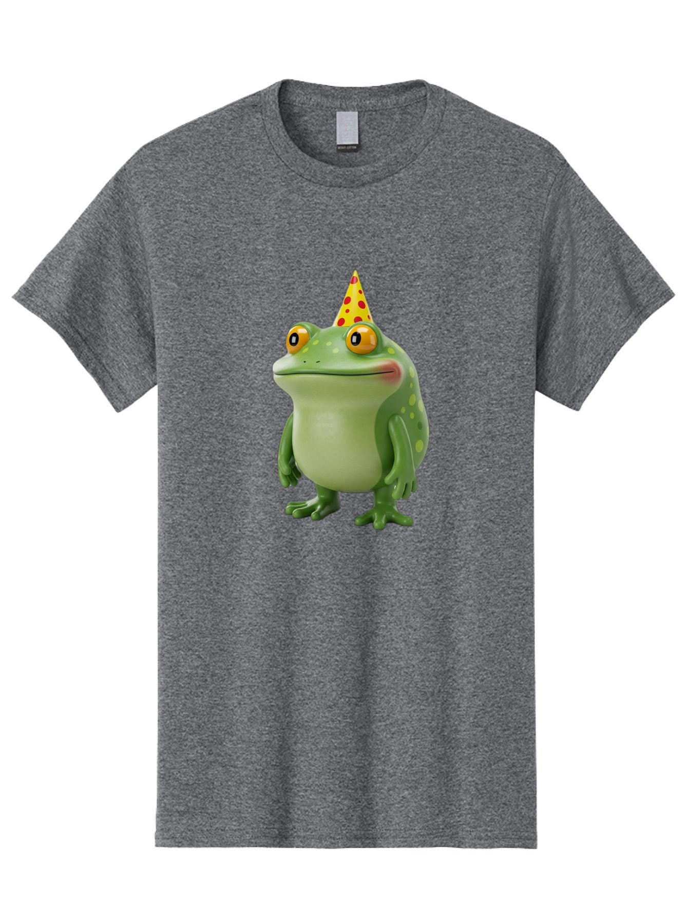 Party-Frog-Hat Men'S Graphic Tee, 100% Cotton, Comfortable Casual Summer Wear, Machine Washable, Cartoon Frog, Birthday Party, Festive Atmosphere, Yellow Party Hat, Red Polka Dots, Large Orange Eyes, Green Amphibian, Fun Celebration, Bac214 9