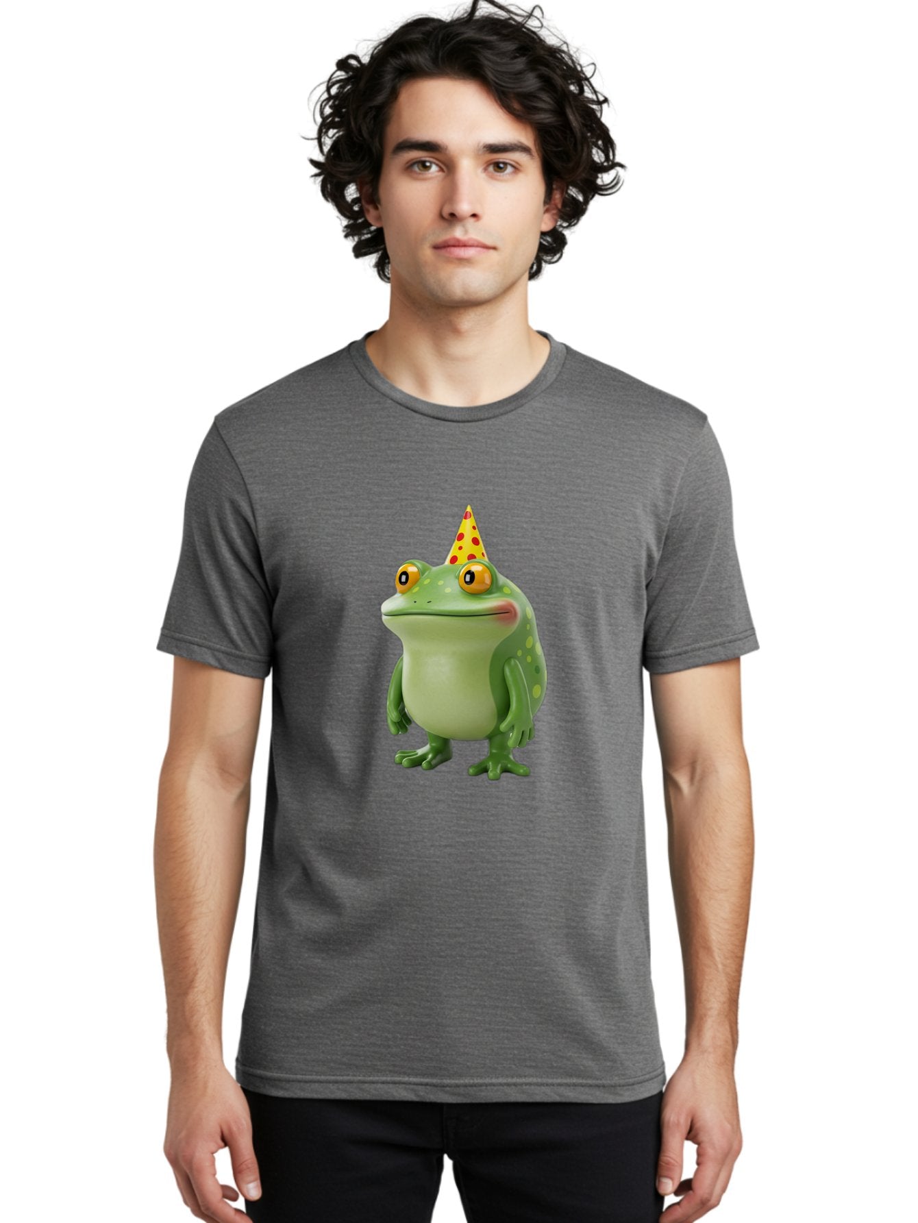 Party-Frog-Hat Men'S Graphic Tee, 100% Cotton, Comfortable Casual Summer Wear, Machine Washable, Cartoon Frog, Birthday Party, Festive Atmosphere, Yellow Party Hat, Red Polka Dots, Large Orange Eyes, Green Amphibian, Fun Celebration, Bac214 26