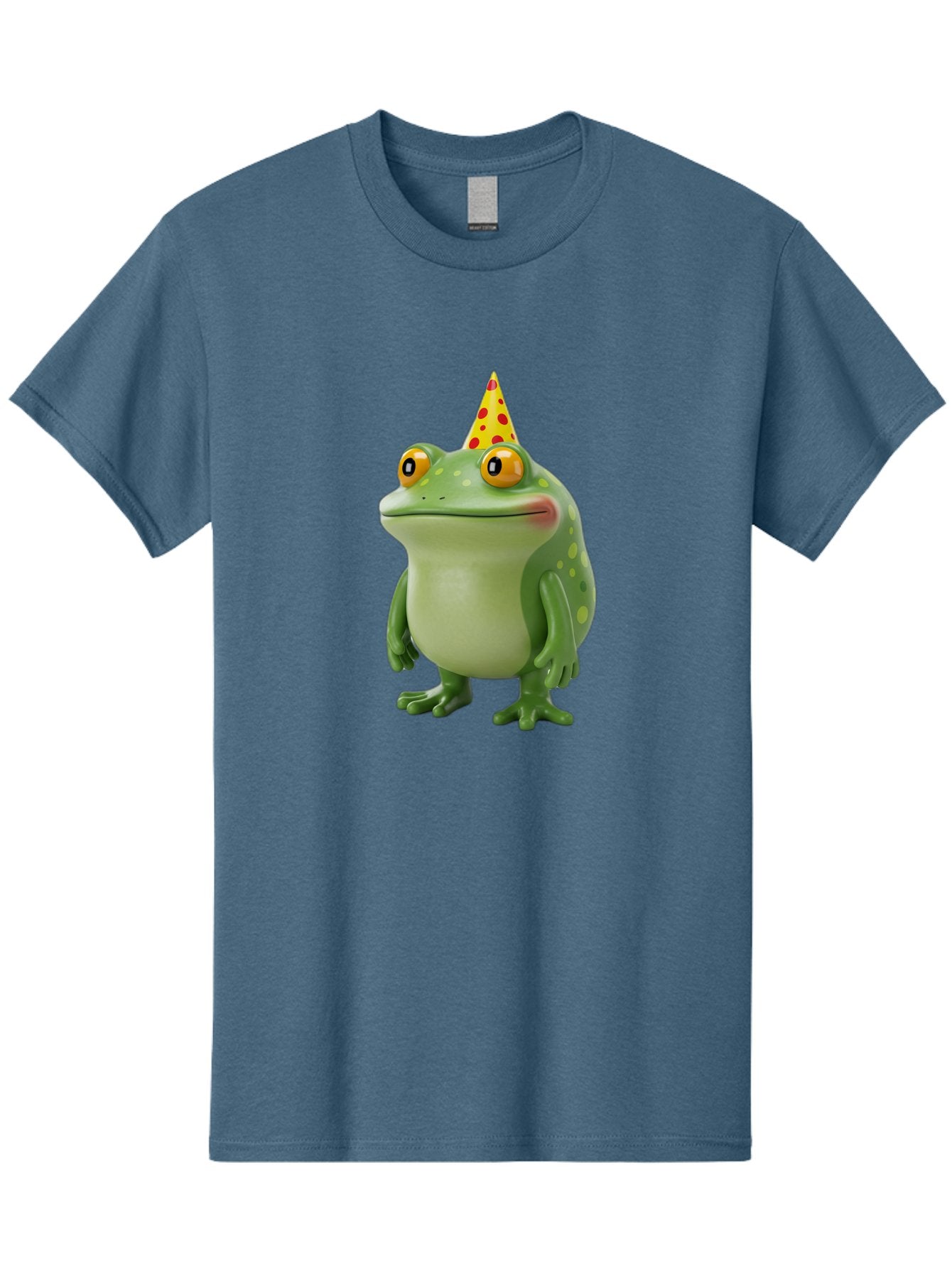 Party-Frog-Hat Men'S Graphic Tee, 100% Cotton, Comfortable Casual Summer Wear, Machine Washable, Cartoon Frog, Birthday Party, Festive Atmosphere, Yellow Party Hat, Red Polka Dots, Large Orange Eyes, Green Amphibian, Fun Celebration, Bac214 11