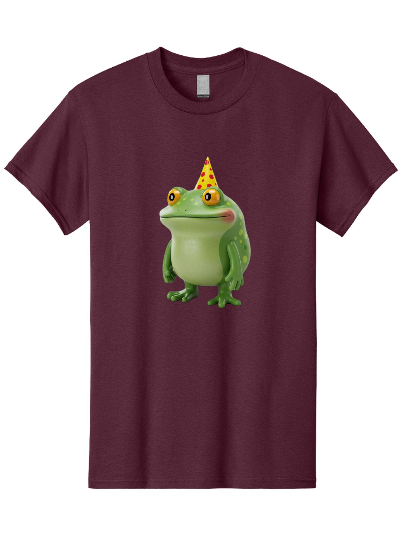 Party-Frog-Hat Men'S Graphic Tee, 100% Cotton, Comfortable Casual Summer Wear, Machine Washable, Cartoon Frog, Birthday Party, Festive Atmosphere, Yellow Party Hat, Red Polka Dots, Large Orange Eyes, Green Amphibian, Fun Celebration, Bac214