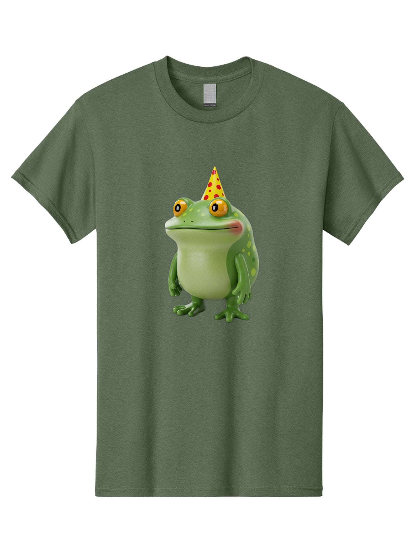 Party-Frog-Hat Men'S Graphic Tee, 100% Cotton, Comfortable Casual Summer Wear, Machine Washable, Cartoon Frog, Birthday Party, Festive Atmosphere, Yellow Party Hat, Red Polka Dots, Large Orange Eyes, Green Amphibian, Fun Celebration, Bac214 12