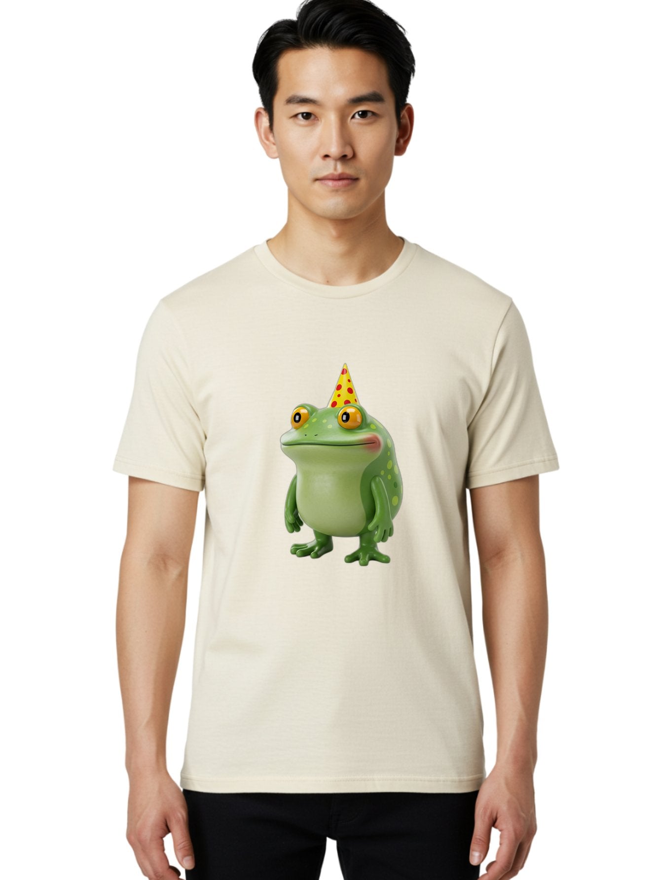 Party-Frog-Hat Men'S Graphic Tee, 100% Cotton, Comfortable Casual Summer Wear, Machine Washable, Cartoon Frog, Birthday Party, Festive Atmosphere, Yellow Party Hat, Red Polka Dots, Large Orange Eyes, Green Amphibian, Fun Celebration, Bac214 24
