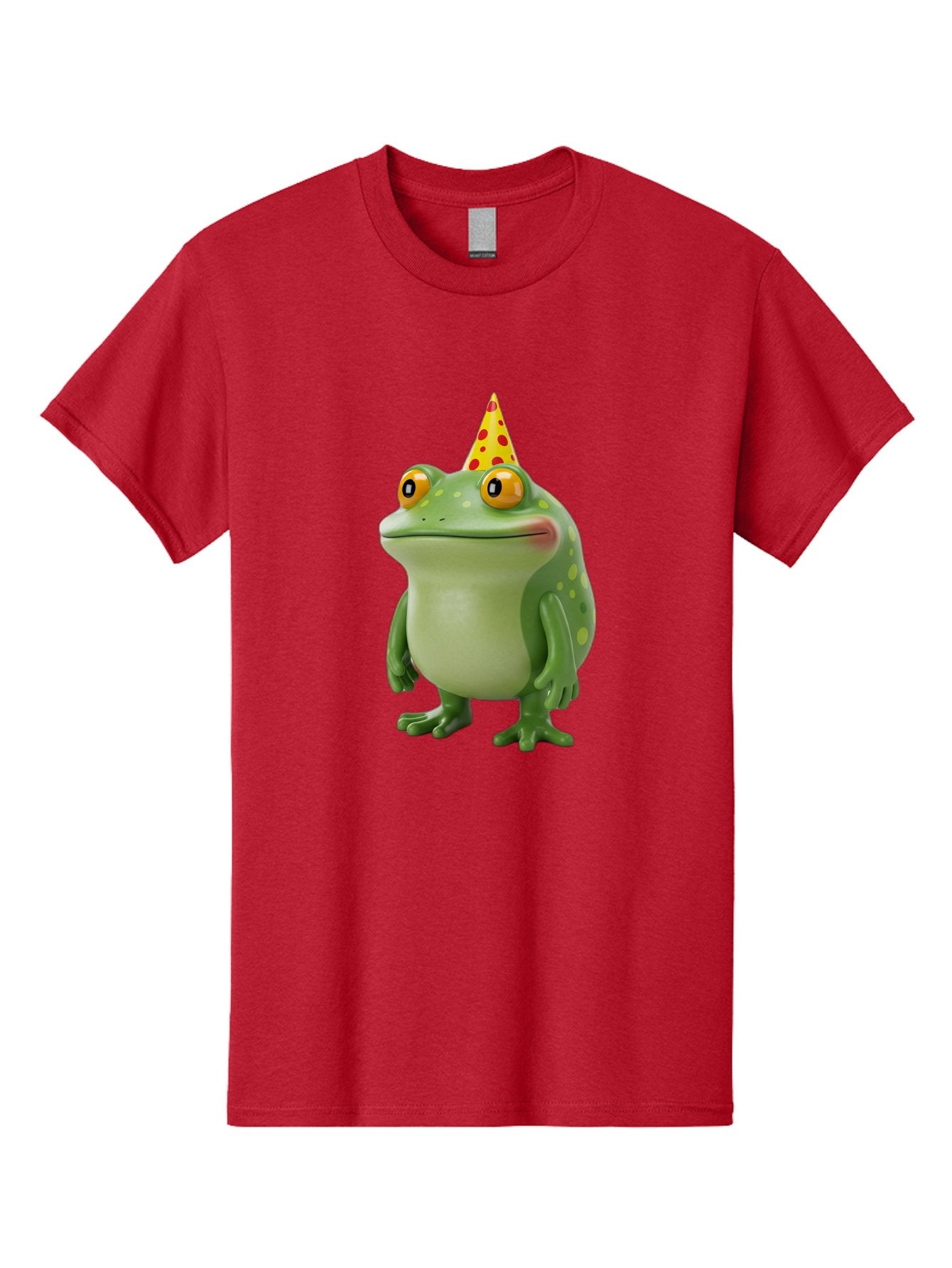 Party-Frog-Hat Men'S Graphic Tee, 100% Cotton, Comfortable Casual Summer Wear, Machine Washable, Cartoon Frog, Birthday Party, Festive Atmosphere, Yellow Party Hat, Red Polka Dots, Large Orange Eyes, Green Amphibian, Fun Celebration, Bac214 5