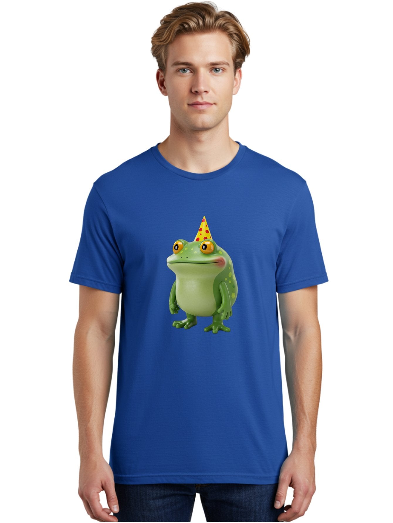 Party-Frog-Hat Men'S Graphic Tee, 100% Cotton, Comfortable Casual Summer Wear, Machine Washable, Cartoon Frog, Birthday Party, Festive Atmosphere, Yellow Party Hat, Red Polka Dots, Large Orange Eyes, Green Amphibian, Fun Celebration, Bac214 22