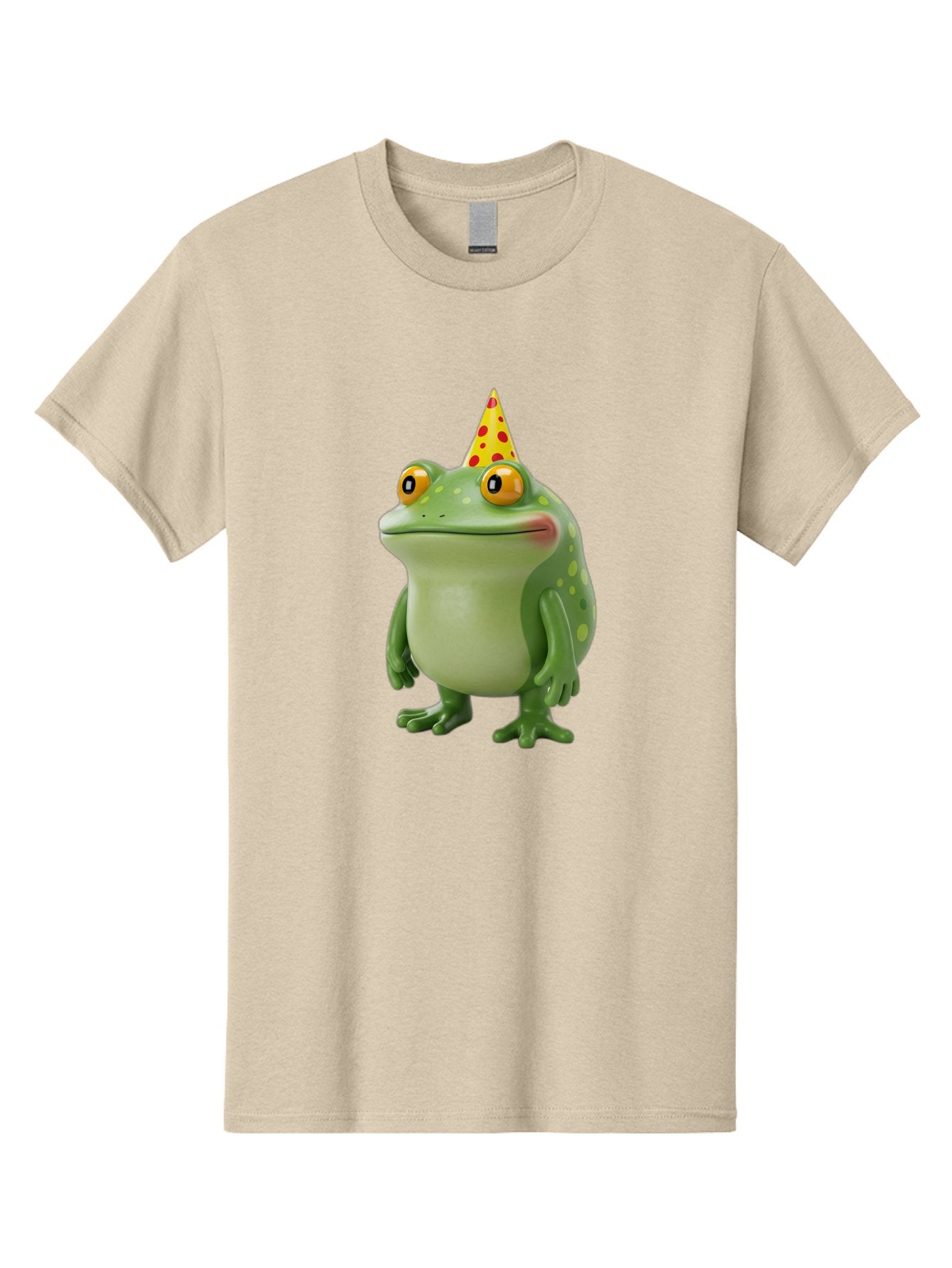 Party-Frog-Hat Men'S Graphic Tee, 100% Cotton, Comfortable Casual Summer Wear, Machine Washable, Cartoon Frog, Birthday Party, Festive Atmosphere, Yellow Party Hat, Red Polka Dots, Large Orange Eyes, Green Amphibian, Fun Celebration, Bac214 8