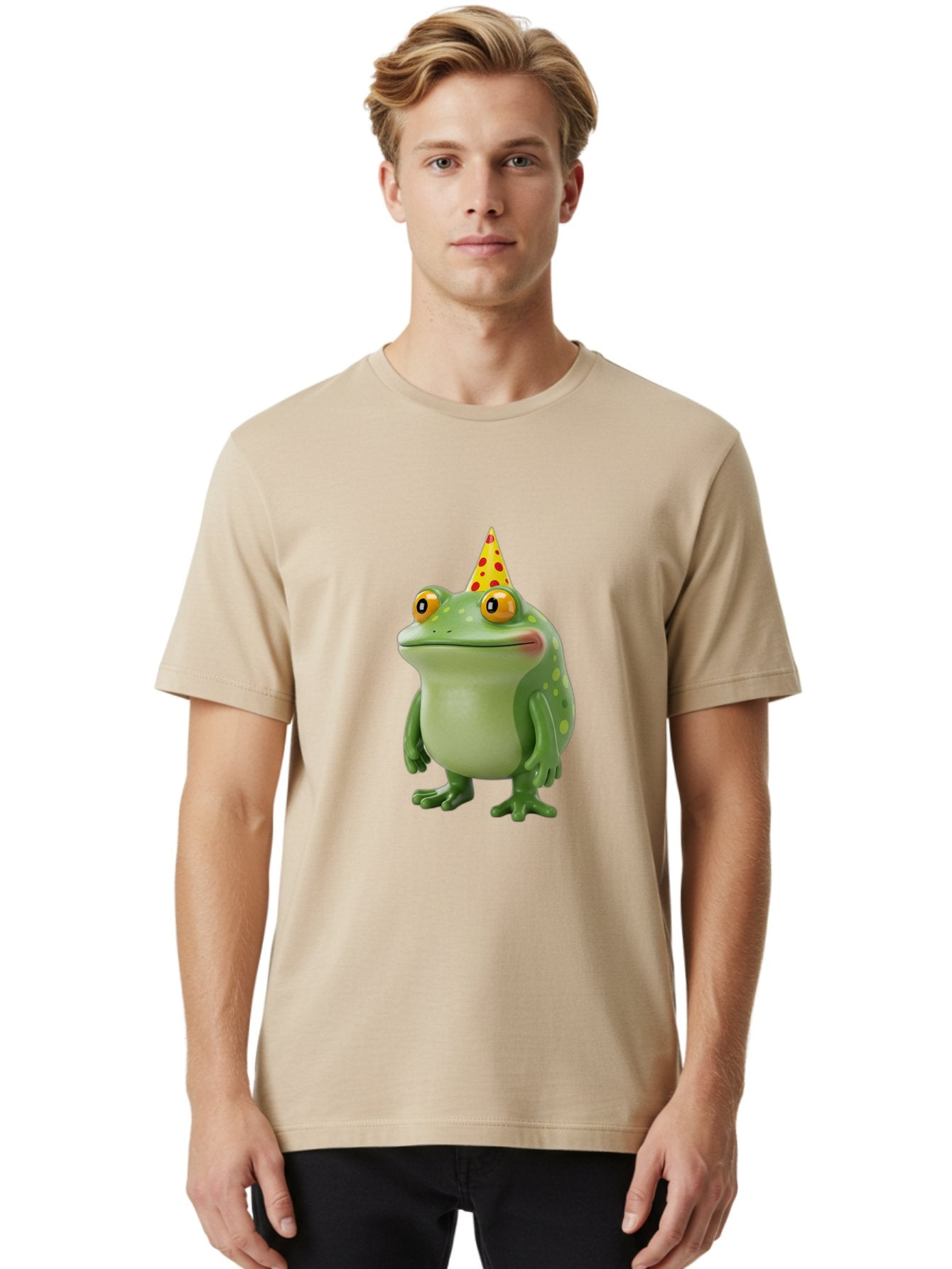 Party-Frog-Hat Men'S Graphic Tee, 100% Cotton, Comfortable Casual Summer Wear, Machine Washable, Cartoon Frog, Birthday Party, Festive Atmosphere, Yellow Party Hat, Red Polka Dots, Large Orange Eyes, Green Amphibian, Fun Celebration, Bac214 25
