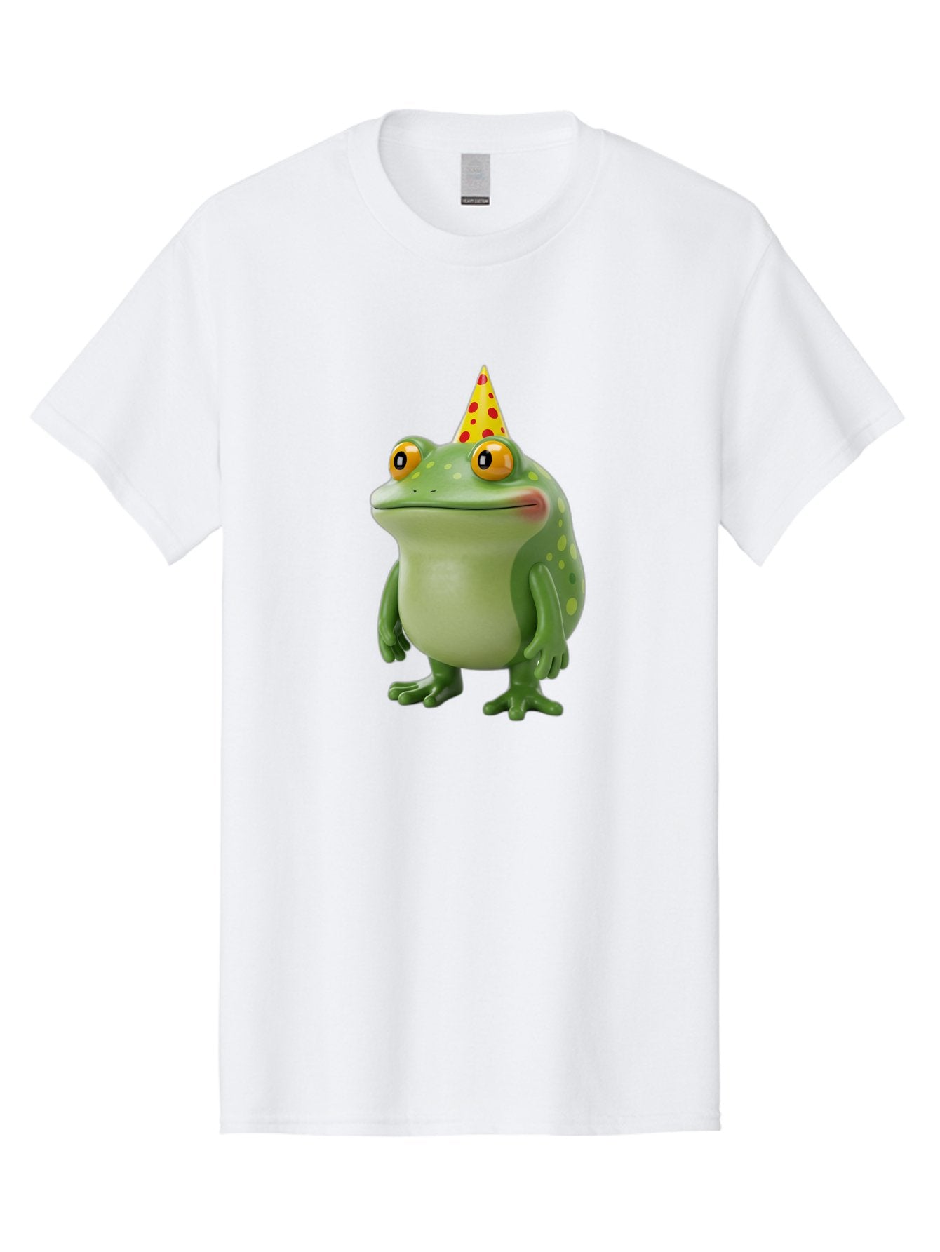 Party-Frog-Hat Men'S Graphic Tee, 100% Cotton, Comfortable Casual Summer Wear, Machine Washable, Cartoon Frog, Birthday Party, Festive Atmosphere, Yellow Party Hat, Red Polka Dots, Large Orange Eyes, Green Amphibian, Fun Celebration, Bac214 10