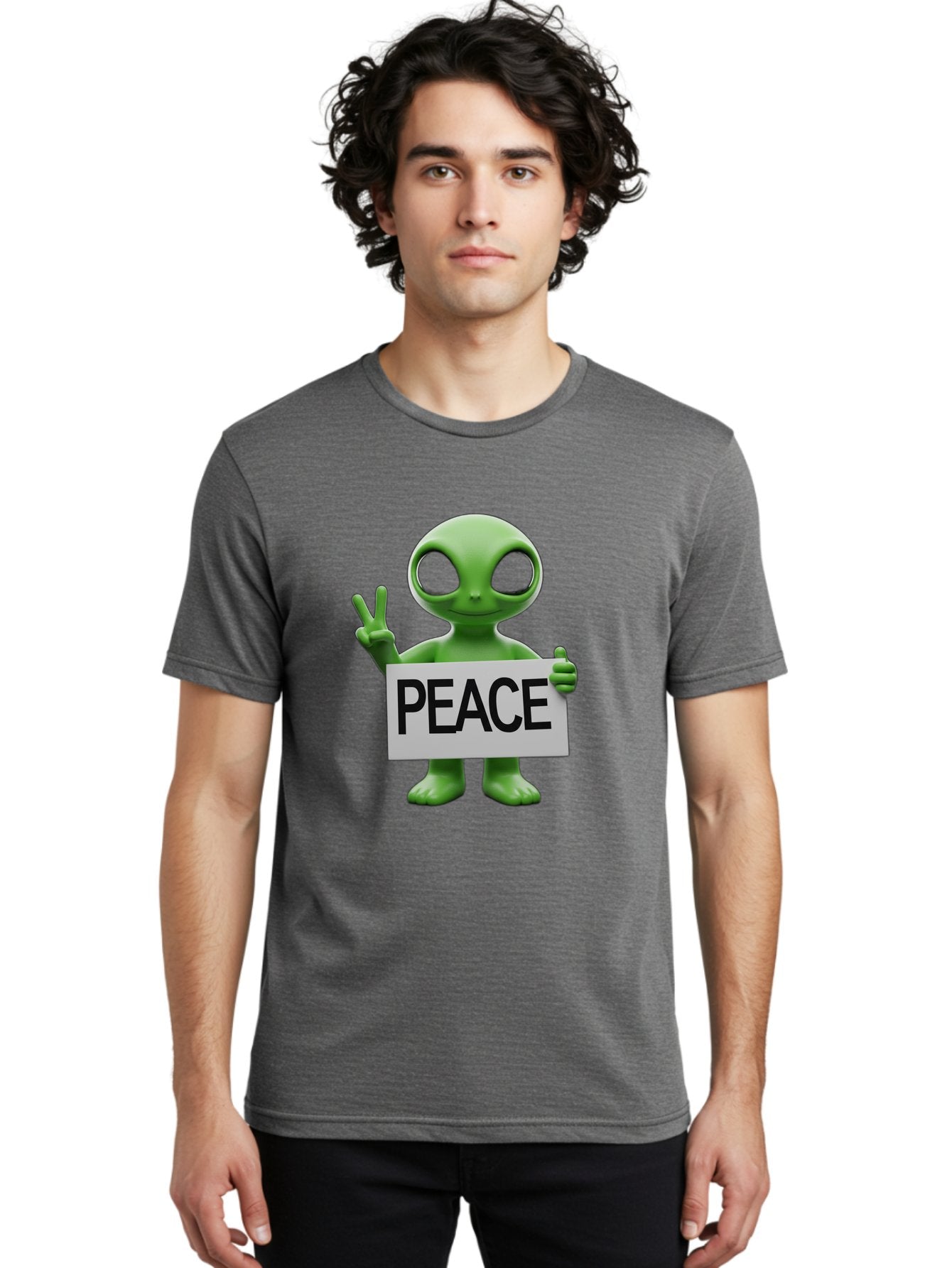 Peace-Alien Men'S Graphic Tee, 100% Cotton, Comfortable Casual Summer Wear, Machine Washable, Alien Holding Peace Sign, Extraterrestrial Being, Peace Symbol, Harmony, Unity, Alien Character, Positive Vibes, 3D Rendering, Funny Alien, Bac217 23