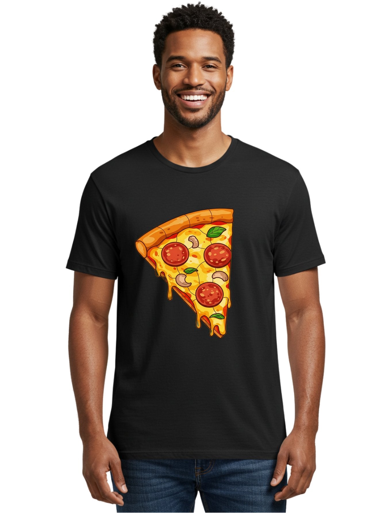 Pepperoni-Pizza-Slice-2 Men'S Graphic Tee, 100% Cotton, Comfortable Casual Summer Wear, Machine Washable, Cheesy Pizza Slice, Pepperoni Pizza, Cashew Nuts, Basil Leaves, Melted Cheese, Golden Crust, Cartoon Pizza, Pizza Graphics, Bac230 25