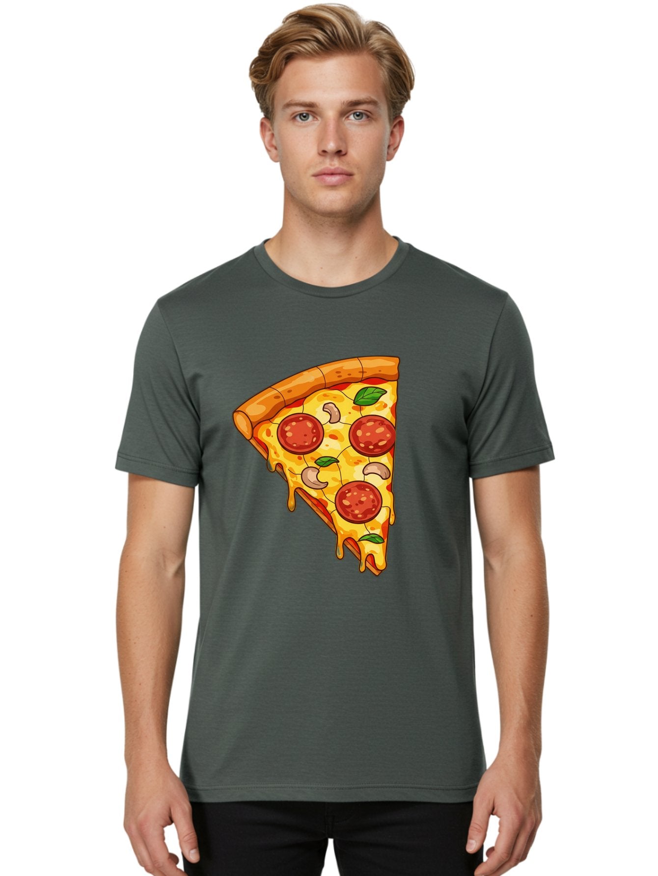 Pepperoni-Pizza-Slice-2 Men'S Graphic Tee, 100% Cotton, Comfortable Casual Summer Wear, Machine Washable, Cheesy Pizza Slice, Pepperoni Pizza, Cashew Nuts, Basil Leaves, Melted Cheese, Golden Crust, Cartoon Pizza, Pizza Graphics, Bac230 17