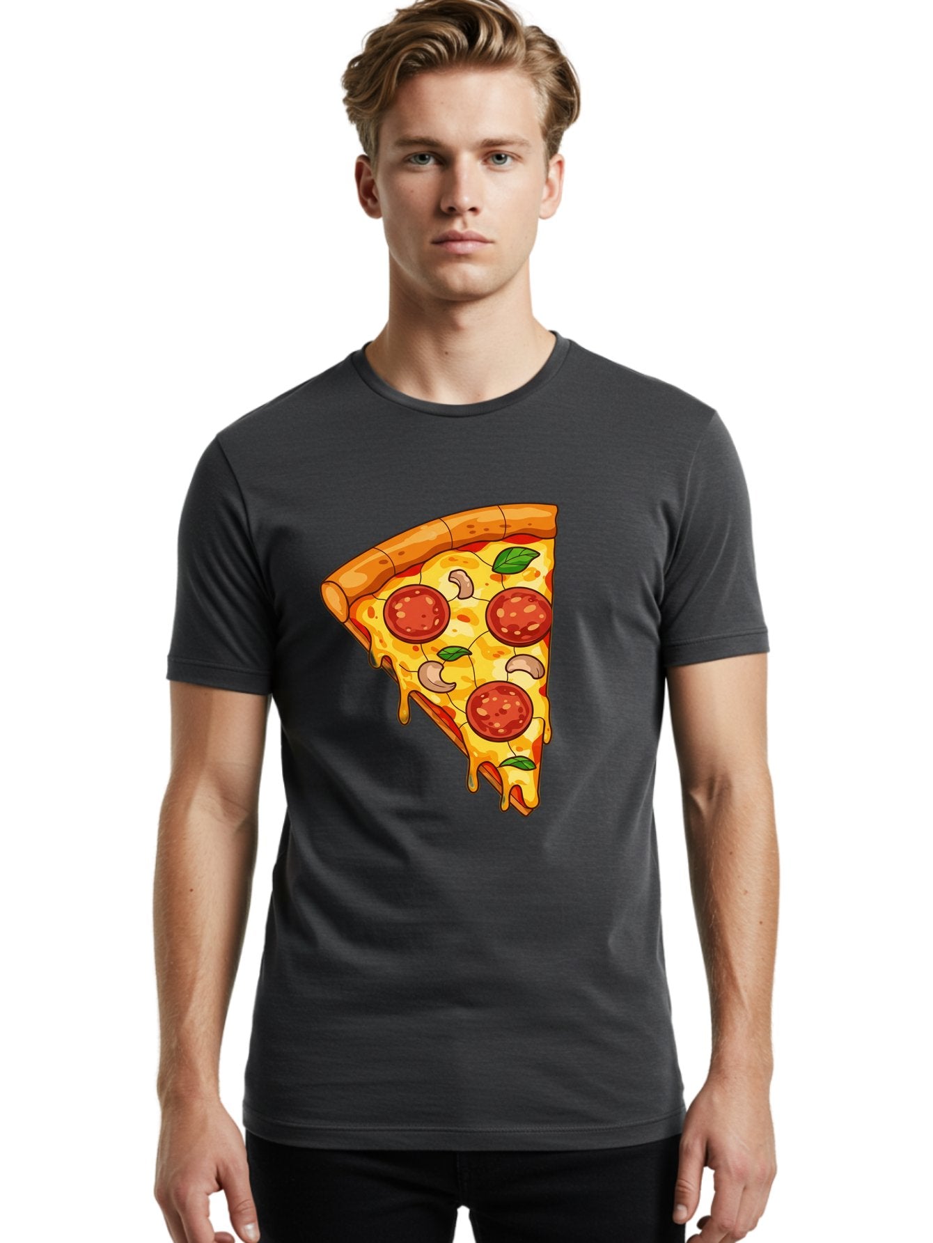 Pepperoni-Pizza-Slice-2 Men'S Graphic Tee, 100% Cotton, Comfortable Casual Summer Wear, Machine Washable, Cheesy Pizza Slice, Pepperoni Pizza, Cashew Nuts, Basil Leaves, Melted Cheese, Golden Crust, Cartoon Pizza, Pizza Graphics, Bac230 19