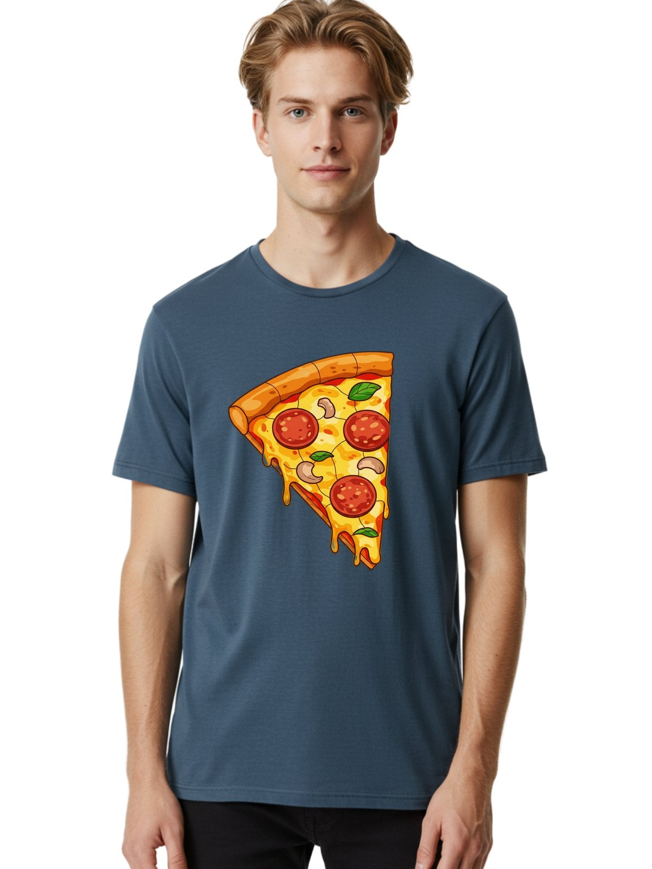 Pepperoni-Pizza-Slice-2 Men'S Graphic Tee, 100% Cotton, Comfortable Casual Summer Wear, Machine Washable, Cheesy Pizza Slice, Pepperoni Pizza, Cashew Nuts, Basil Leaves, Melted Cheese, Golden Crust, Cartoon Pizza, Pizza Graphics, Bac230 21