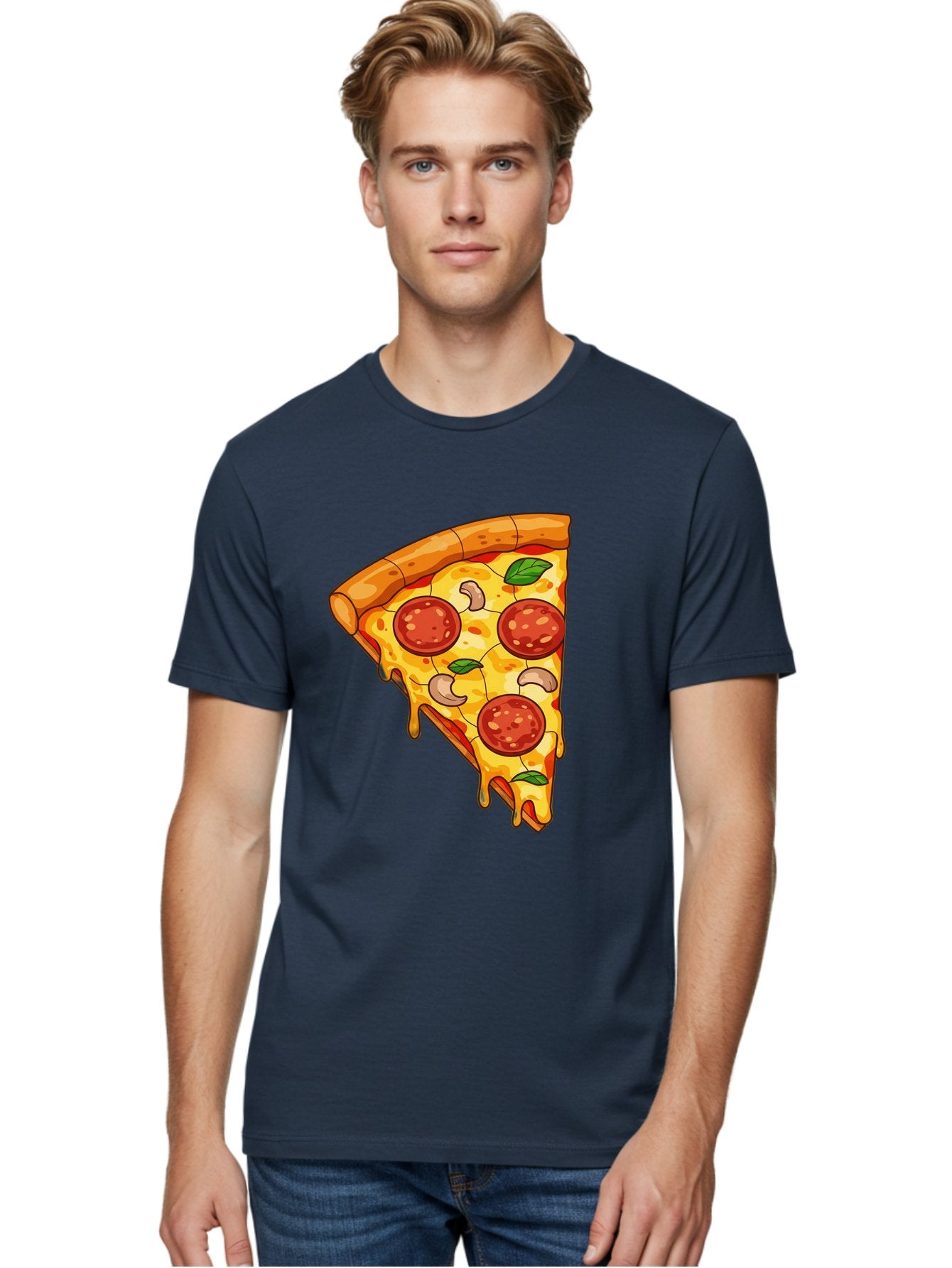 Pepperoni-Pizza-Slice-2 Men'S Graphic Tee, 100% Cotton, Comfortable Casual Summer Wear, Machine Washable, Cheesy Pizza Slice, Pepperoni Pizza, Cashew Nuts, Basil Leaves, Melted Cheese, Golden Crust, Cartoon Pizza, Pizza Graphics, Bac230 29