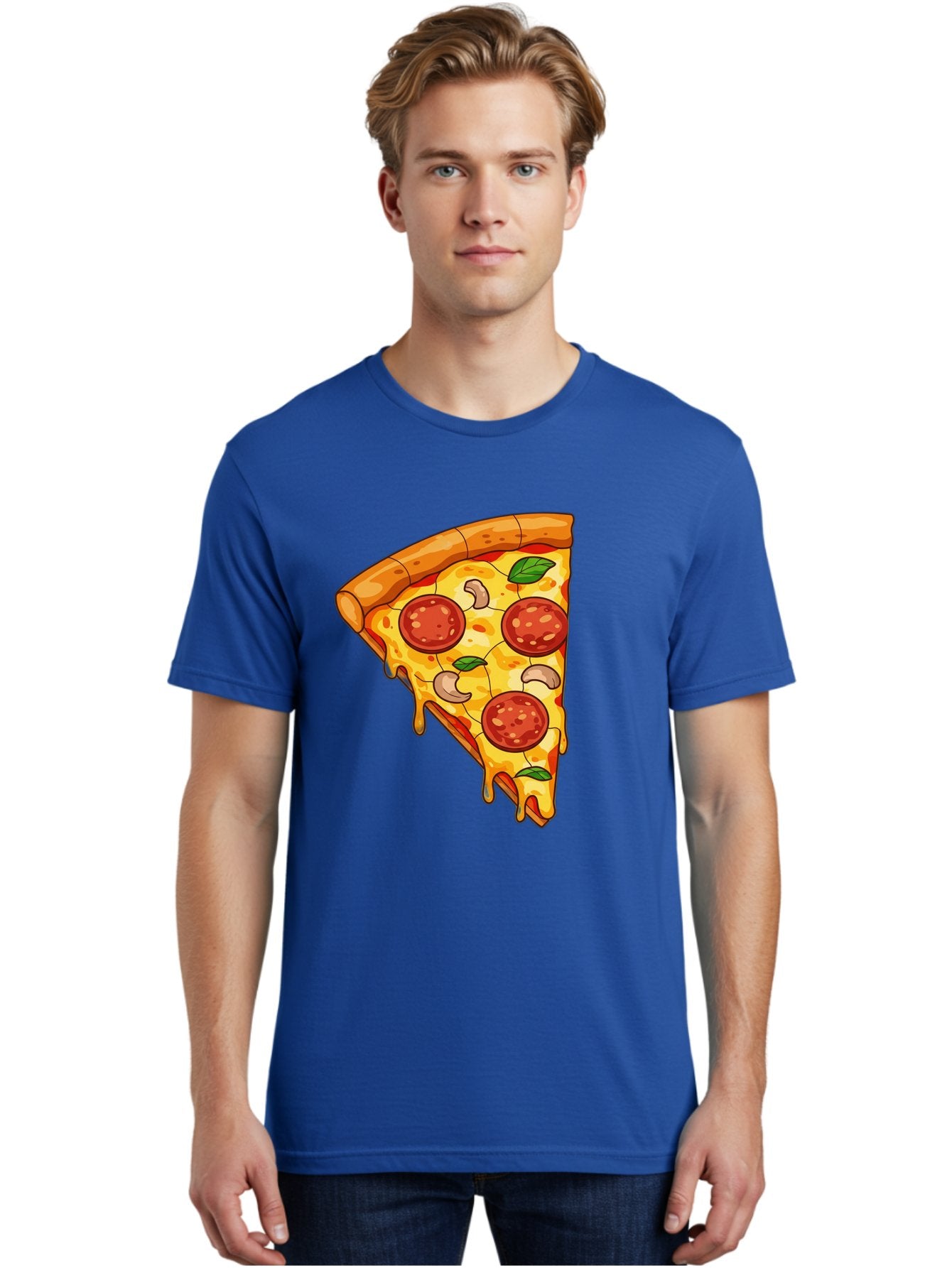 Pepperoni-Pizza-Slice-2 Men'S Graphic Tee, 100% Cotton, Comfortable Casual Summer Wear, Machine Washable, Cheesy Pizza Slice, Pepperoni Pizza, Cashew Nuts, Basil Leaves, Melted Cheese, Golden Crust, Cartoon Pizza, Pizza Graphics, Bac230 26