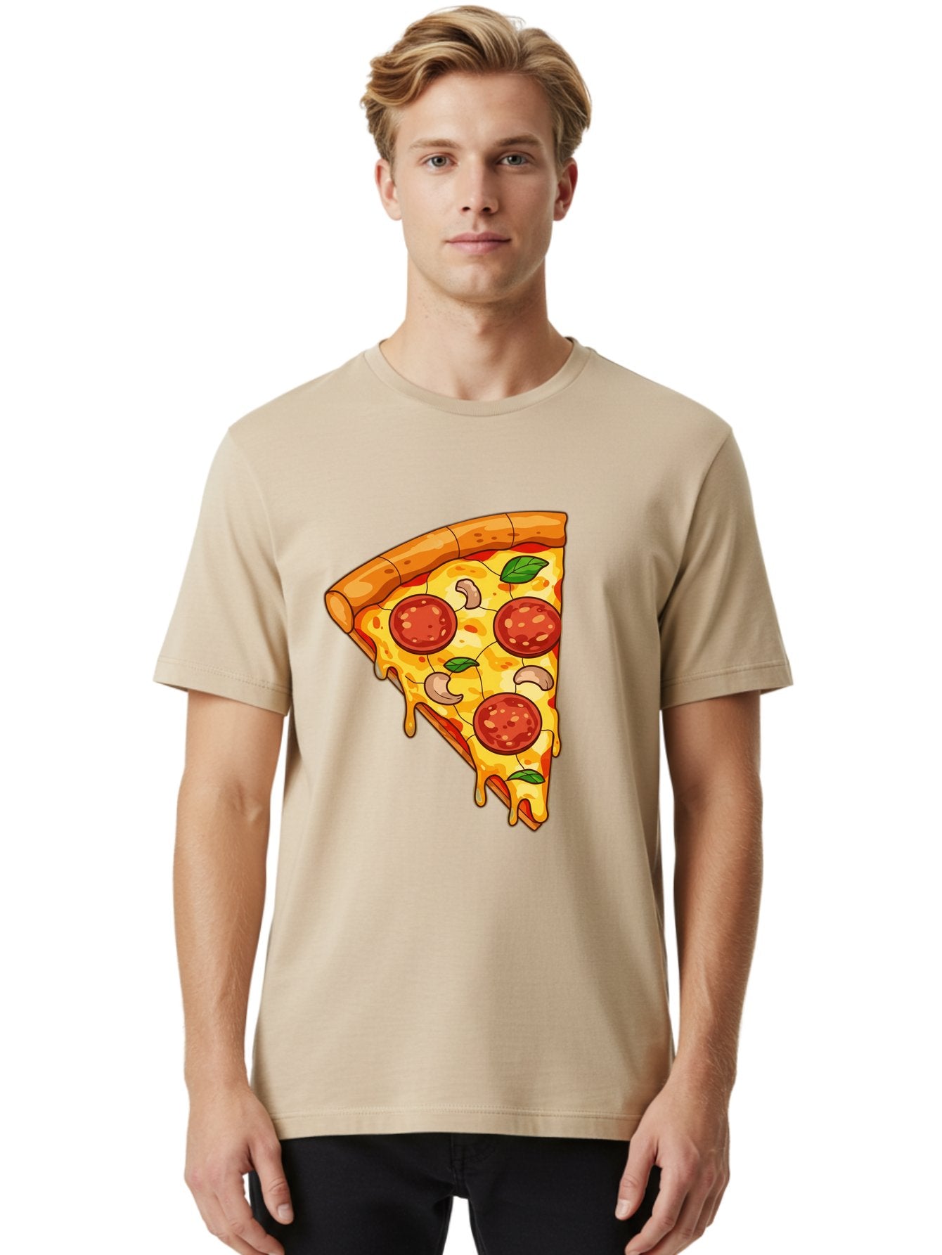 Pepperoni-Pizza-Slice-2 Men'S Graphic Tee, 100% Cotton, Comfortable Casual Summer Wear, Machine Washable, Cheesy Pizza Slice, Pepperoni Pizza, Cashew Nuts, Basil Leaves, Melted Cheese, Golden Crust, Cartoon Pizza, Pizza Graphics, Bac230 22