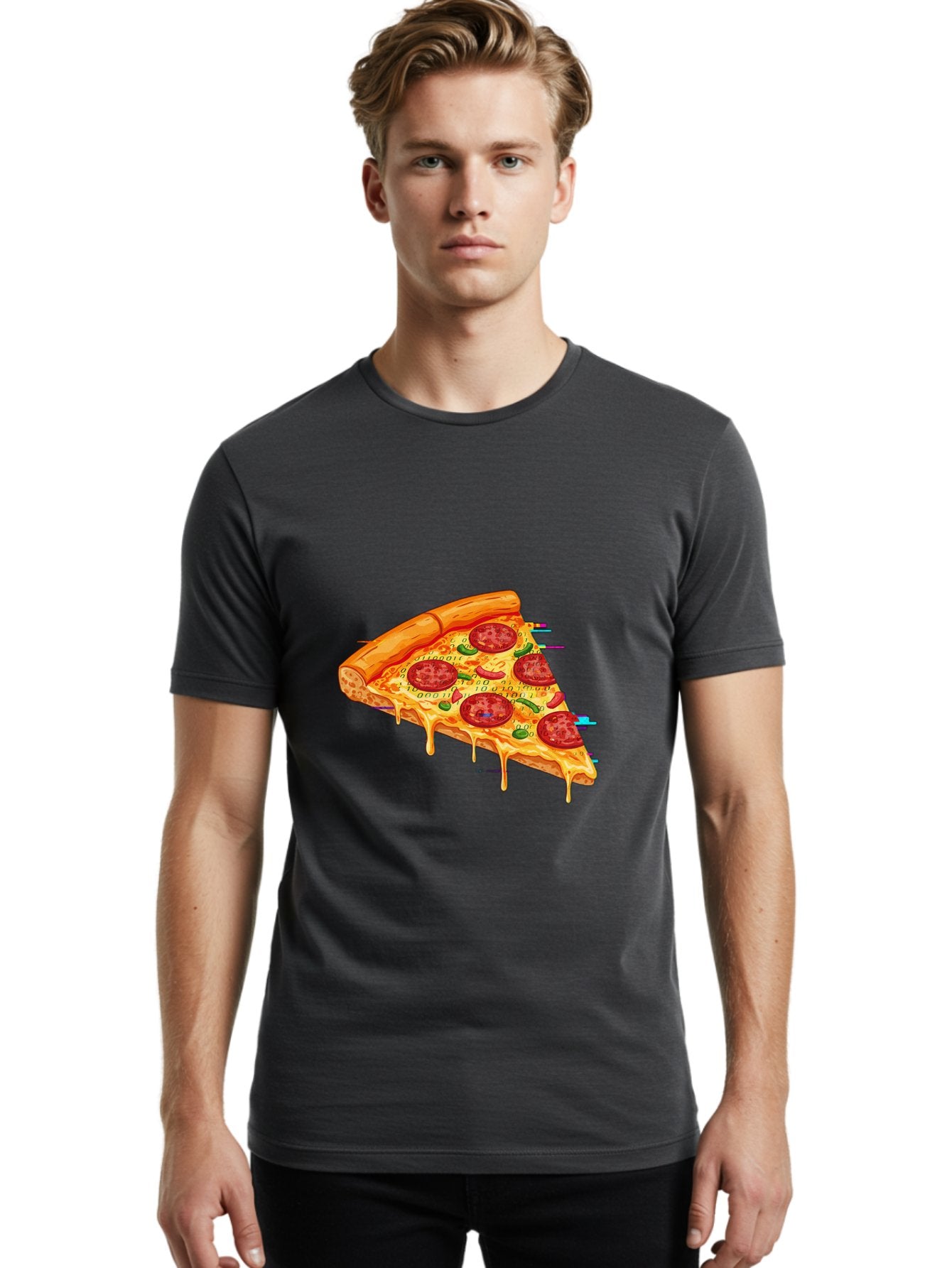 Pepperoni-Pizza-Slice-23 Men'S Graphic Tee, 100% Cotton, Comfortable Casual Summer Wear, Machine Washable, Pepperoni Pizza, Cheese Pizza, Pizza Slice, Melted Cheese, Pepperoni Toppings, Glitch Art, Distorted Image, Digital Art, Modern Design, Bac234 26