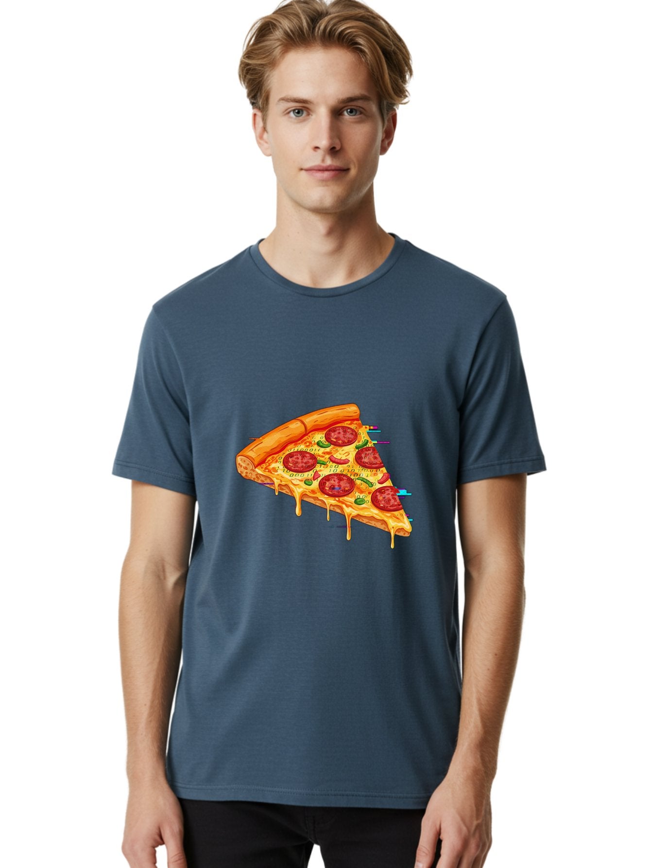 Pepperoni-Pizza-Slice-23 Men'S Graphic Tee, 100% Cotton, Comfortable Casual Summer Wear, Machine Washable, Pepperoni Pizza, Cheese Pizza, Pizza Slice, Melted Cheese, Pepperoni Toppings, Glitch Art, Distorted Image, Digital Art, Modern Design, Bac234 30