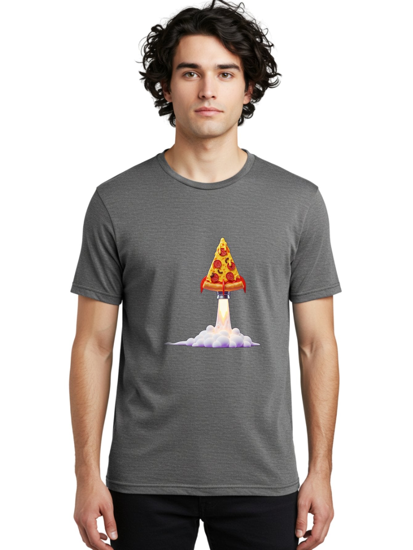 Pepperoni-Pizza-Slice-Rocket Men'S Graphic Tee, 100% Cotton, Comfortable Casual Summer Wear, Machine Washable, Pepperoni Pizza Slice, Rocket Launch, Food Art, Cartoon Style, Funny Illustration, Melted Cheese, Spicy Toppings, Creative Design Bac242 21