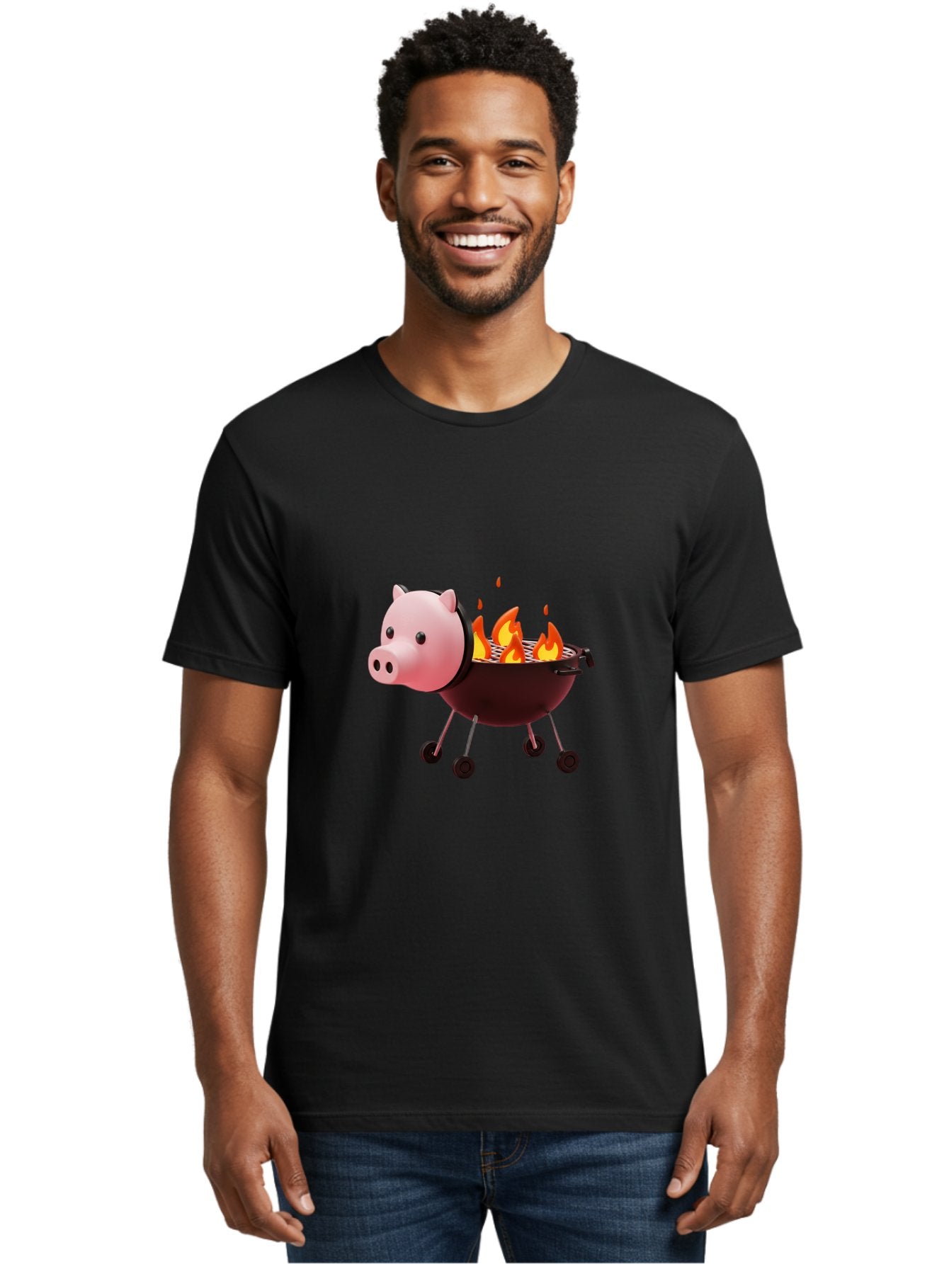Pig-Head-On-Grill Men'S Graphic Tee, 100% Cotton, Comfortable Casual Summer Wear, Machine Washable, Pig Shaped Barbecue Grill, Barbecue Cooking, Grilling Meat, Cartoon Pig, Grill With Flames, Playful Kitchen Decor, Whimsical Design, Bac244 30