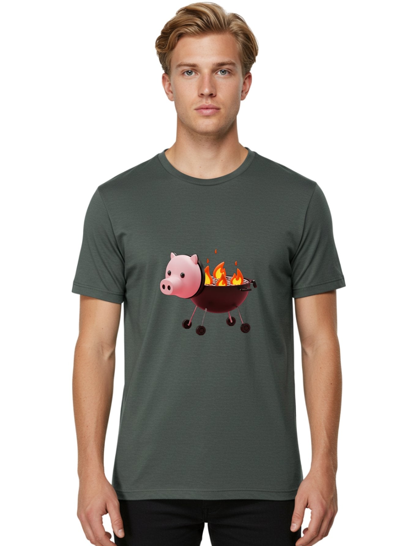 Pig-Head-On-Grill Men'S Graphic Tee, 100% Cotton, Comfortable Casual Summer Wear, Machine Washable, Pig Shaped Barbecue Grill, Barbecue Cooking, Grilling Meat, Cartoon Pig, Grill With Flames, Playful Kitchen Decor, Whimsical Design, Bac244 28