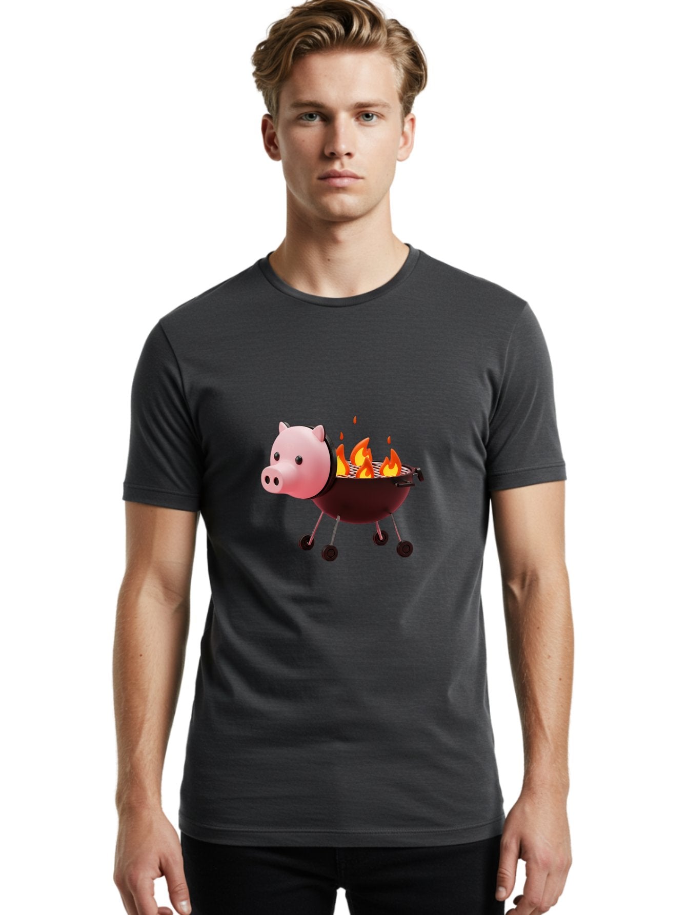 Pig-Head-On-Grill Men'S Graphic Tee, 100% Cotton, Comfortable Casual Summer Wear, Machine Washable, Pig Shaped Barbecue Grill, Barbecue Cooking, Grilling Meat, Cartoon Pig, Grill With Flames, Playful Kitchen Decor, Whimsical Design, Bac244 26