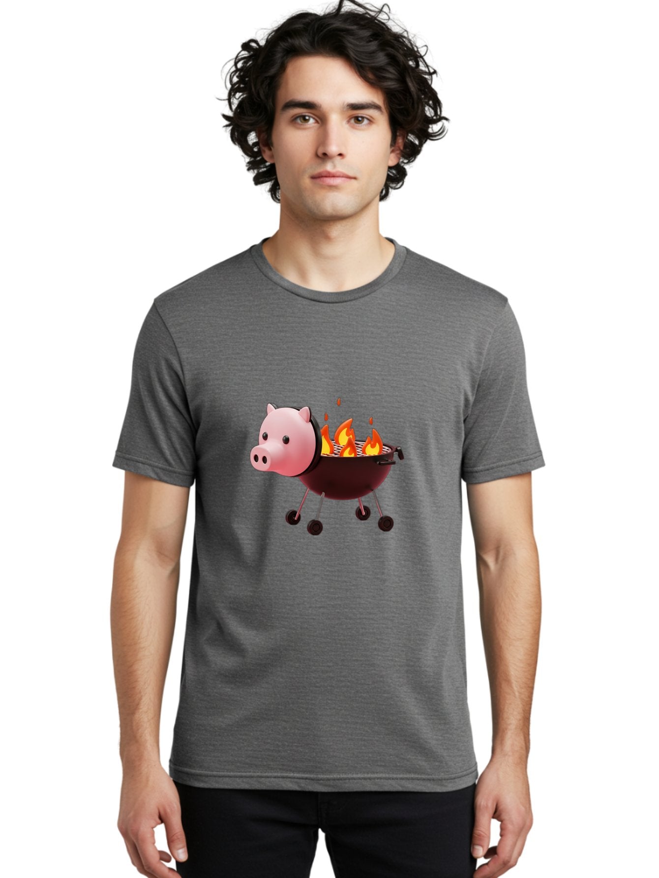 Pig-Head-On-Grill Men'S Graphic Tee, 100% Cotton, Comfortable Casual Summer Wear, Machine Washable, Pig Shaped Barbecue Grill, Barbecue Cooking, Grilling Meat, Cartoon Pig, Grill With Flames, Playful Kitchen Decor, Whimsical Design, Bac244 20