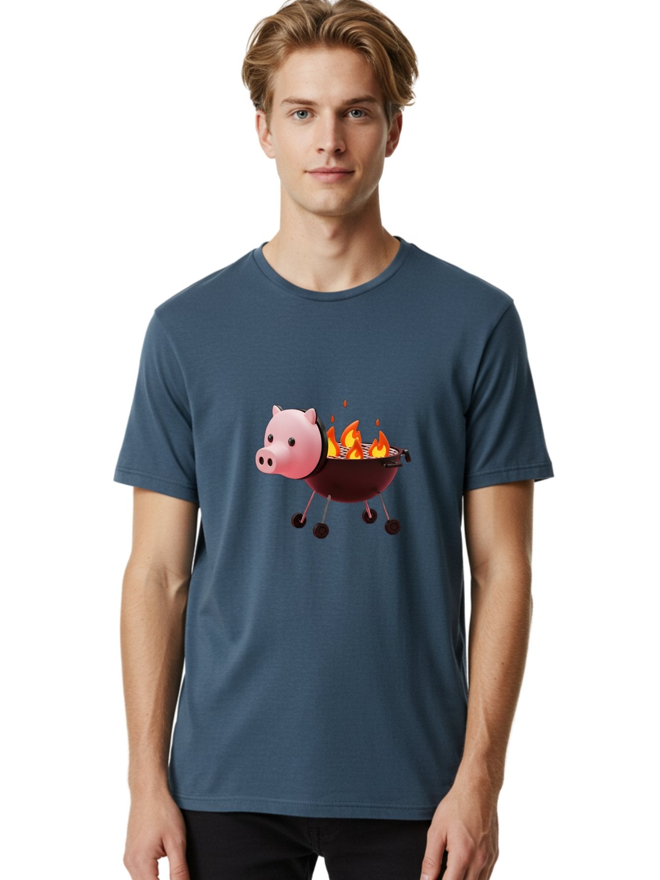 Pig-Head-On-Grill Men'S Graphic Tee, 100% Cotton, Comfortable Casual Summer Wear, Machine Washable, Pig Shaped Barbecue Grill, Barbecue Cooking, Grilling Meat, Cartoon Pig, Grill With Flames, Playful Kitchen Decor, Whimsical Design, Bac244 19