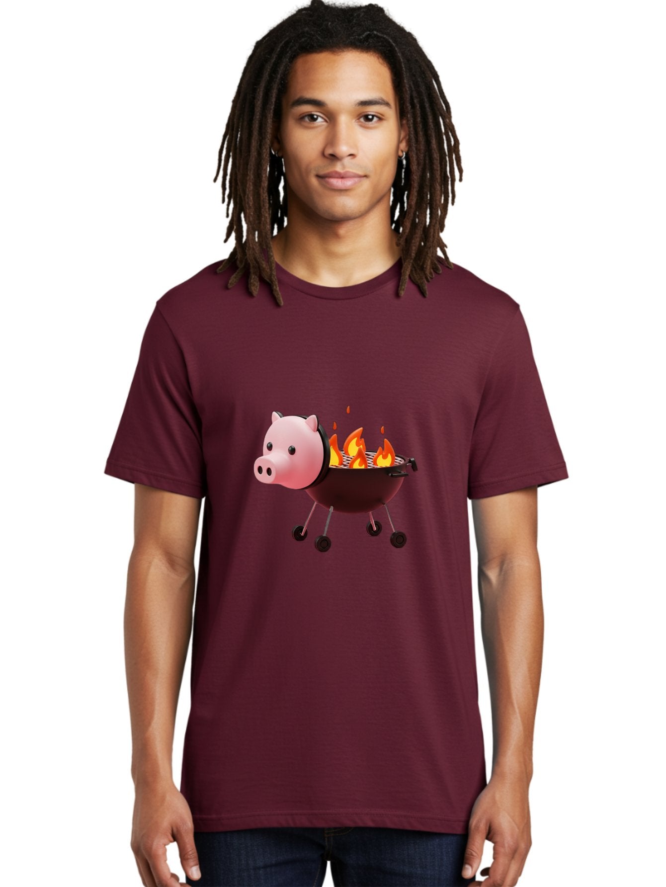 Pig-Head-On-Grill Men'S Graphic Tee, 100% Cotton, Comfortable Casual Summer Wear, Machine Washable, Pig Shaped Barbecue Grill, Barbecue Cooking, Grilling Meat, Cartoon Pig, Grill With Flames, Playful Kitchen Decor, Whimsical Design, Bac244 17