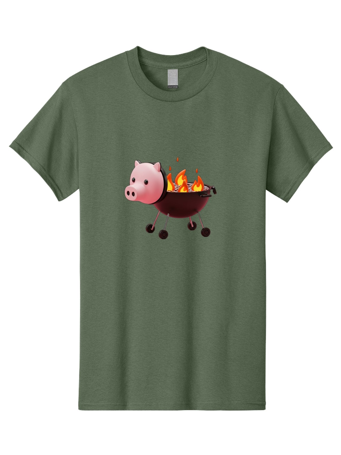 Pig-Head-On-Grill Men'S Graphic Tee, 100% Cotton, Comfortable Casual Summer Wear, Machine Washable, Pig Shaped Barbecue Grill, Barbecue Cooking, Grilling Meat, Cartoon Pig, Grill With Flames, Playful Kitchen Decor, Whimsical Design, Bac244