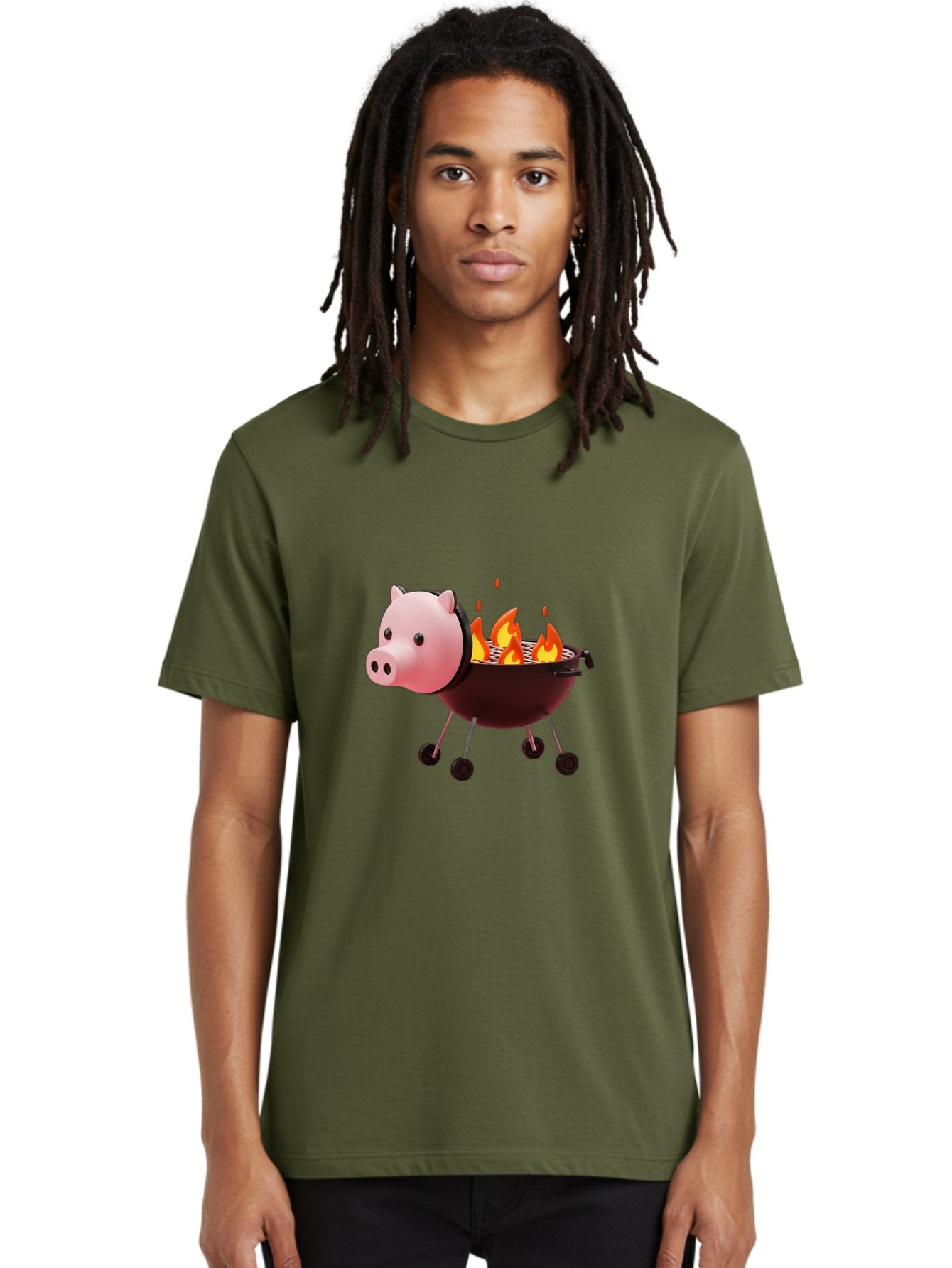 Pig-Head-On-Grill Men'S Graphic Tee, 100% Cotton, Comfortable Casual Summer Wear, Machine Washable, Pig Shaped Barbecue Grill, Barbecue Cooking, Grilling Meat, Cartoon Pig, Grill With Flames, Playful Kitchen Decor, Whimsical Design, Bac244 21