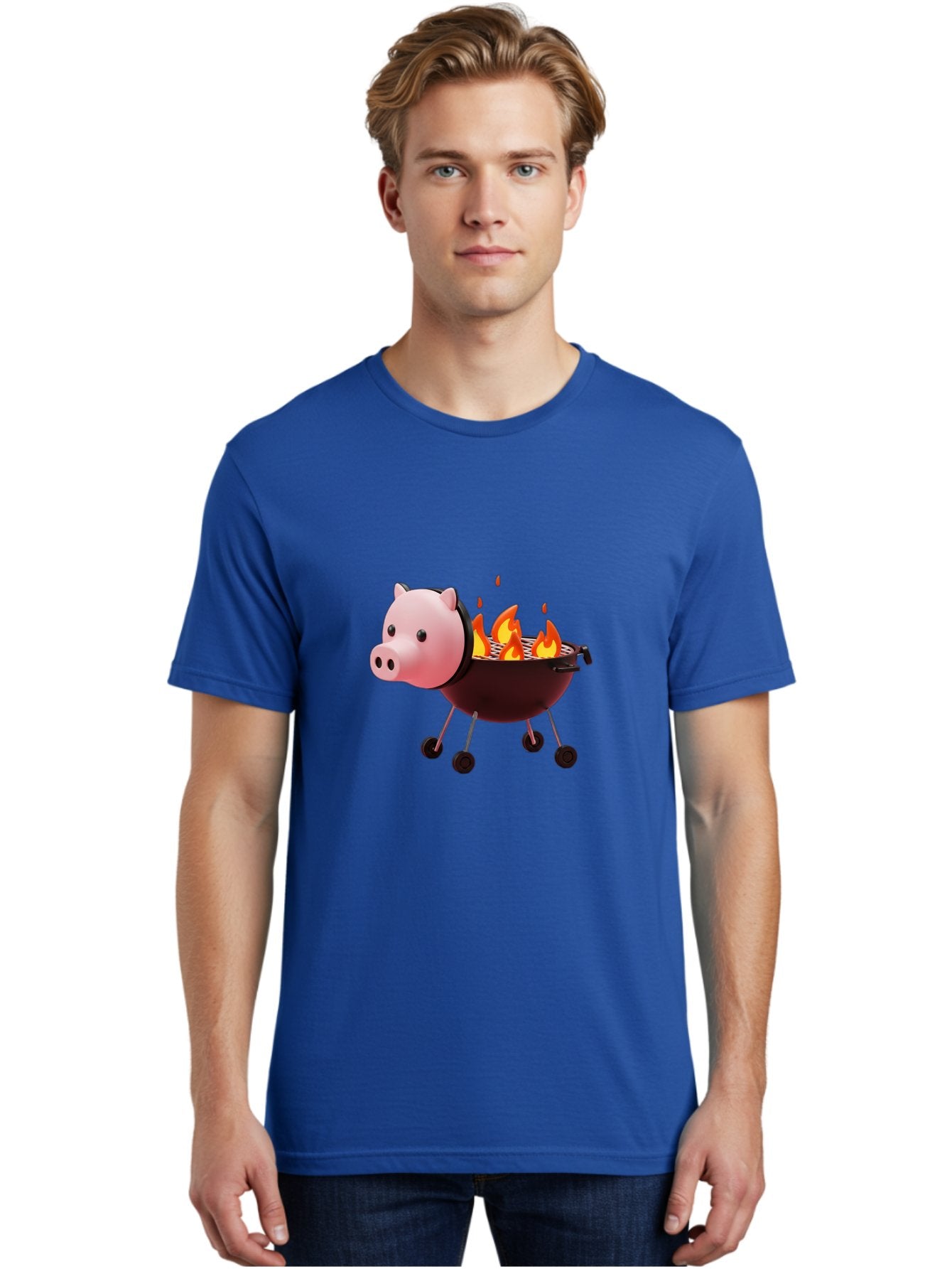 Pig-Head-On-Grill Men'S Graphic Tee, 100% Cotton, Comfortable Casual Summer Wear, Machine Washable, Pig Shaped Barbecue Grill, Barbecue Cooking, Grilling Meat, Cartoon Pig, Grill With Flames, Playful Kitchen Decor, Whimsical Design, Bac244 29