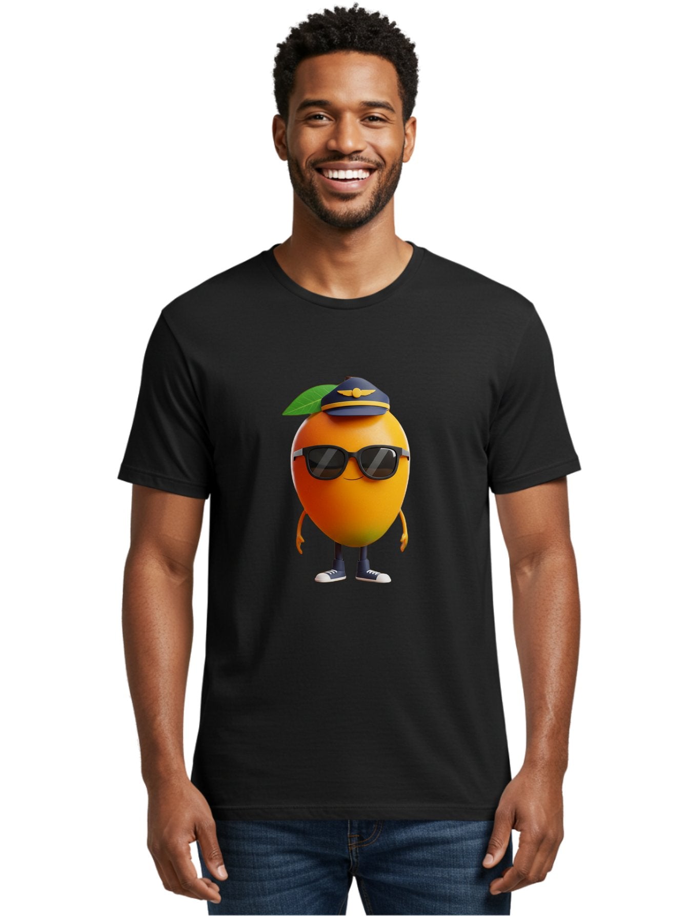 Pilot-Orange Men'S Graphic Tee, 100% Cotton, Comfortable Casual Summer Wear, Machine Washable, Cartoon Orange Character, Pilot Hat, Sunglasses, Blue Sneakers, Smiling Face, Citrus Fruit, Fun Illustration, Vibrant Orange, Playful Design, Bac245 25