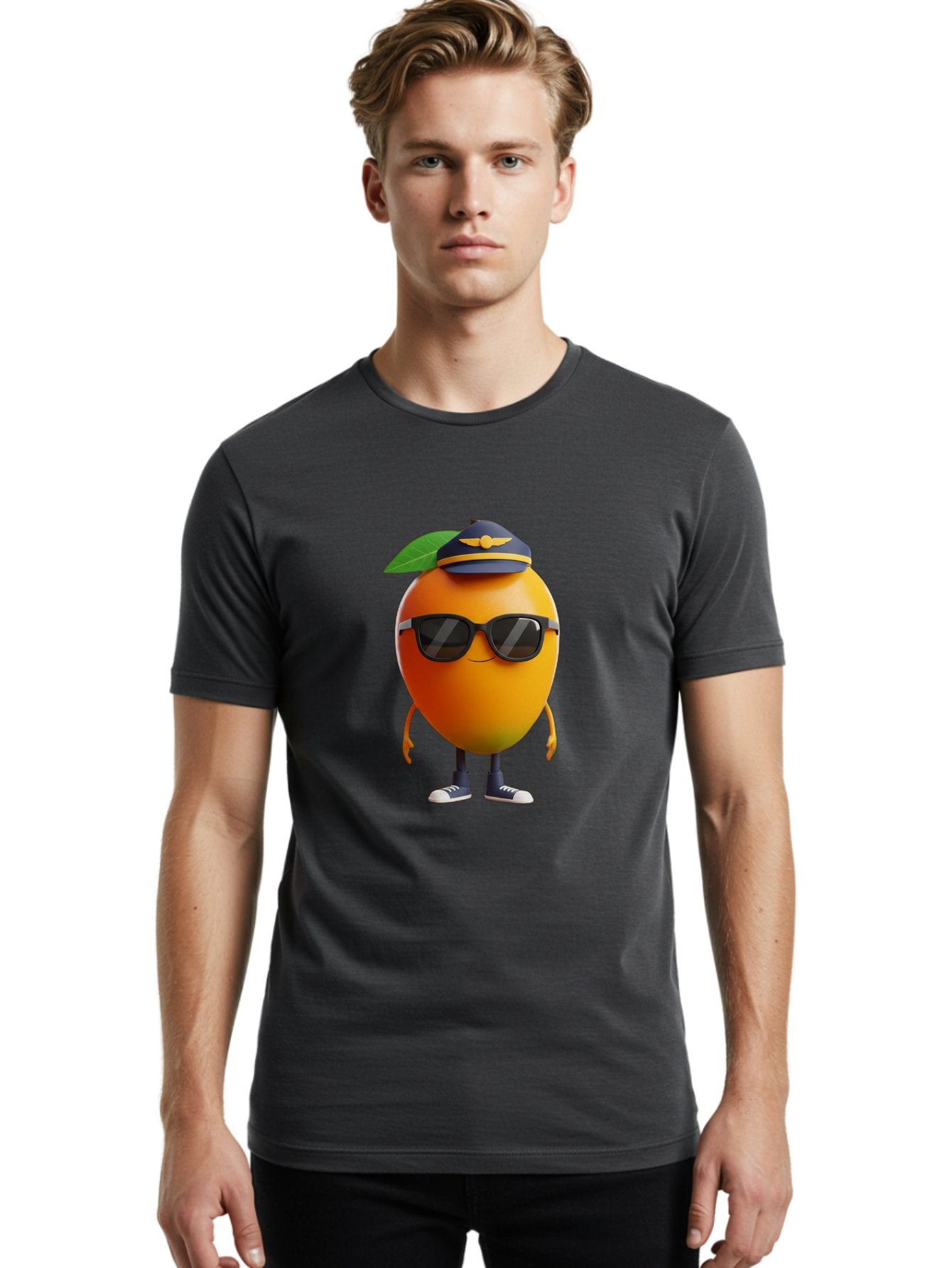 Pilot-Orange Men'S Graphic Tee, 100% Cotton, Comfortable Casual Summer Wear, Machine Washable, Cartoon Orange Character, Pilot Hat, Sunglasses, Blue Sneakers, Smiling Face, Citrus Fruit, Fun Illustration, Vibrant Orange, Playful Design, Bac245 16