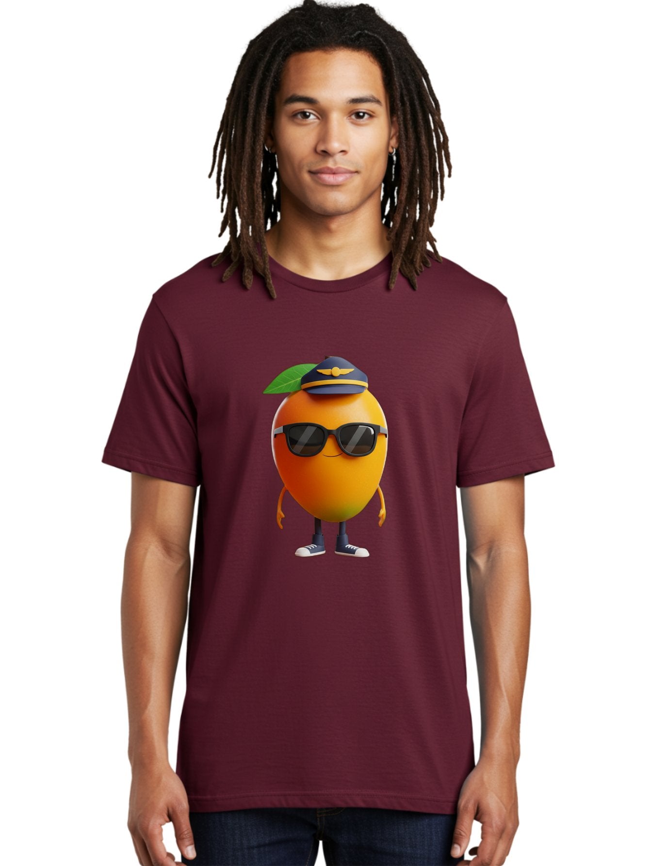 Pilot-Orange Men'S Graphic Tee, 100% Cotton, Comfortable Casual Summer Wear, Machine Washable, Cartoon Orange Character, Pilot Hat, Sunglasses, Blue Sneakers, Smiling Face, Citrus Fruit, Fun Illustration, Vibrant Orange, Playful Design, Bac245 26