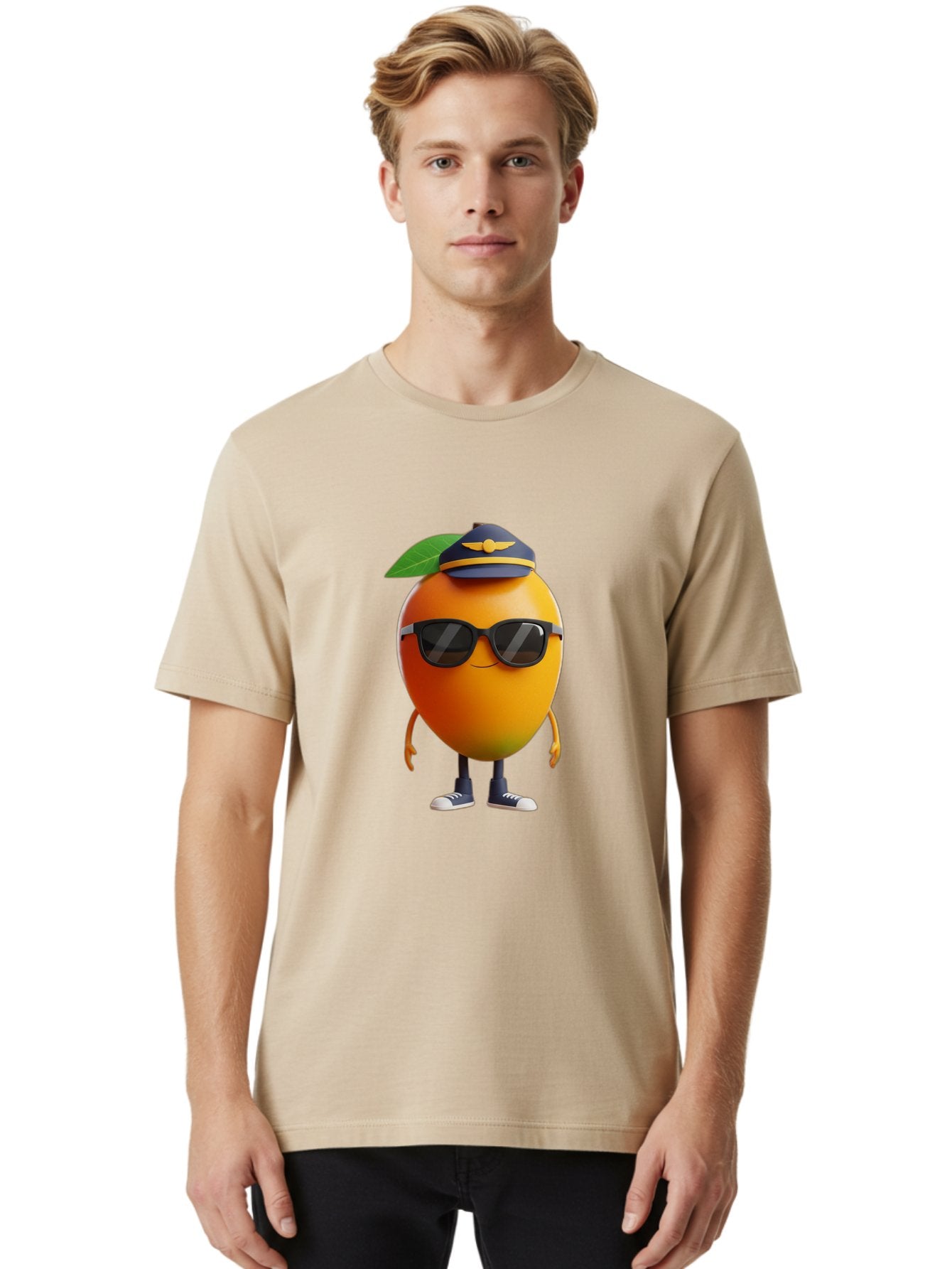Pilot-Orange Men'S Graphic Tee, 100% Cotton, Comfortable Casual Summer Wear, Machine Washable, Cartoon Orange Character, Pilot Hat, Sunglasses, Blue Sneakers, Smiling Face, Citrus Fruit, Fun Illustration, Vibrant Orange, Playful Design, Bac245 22