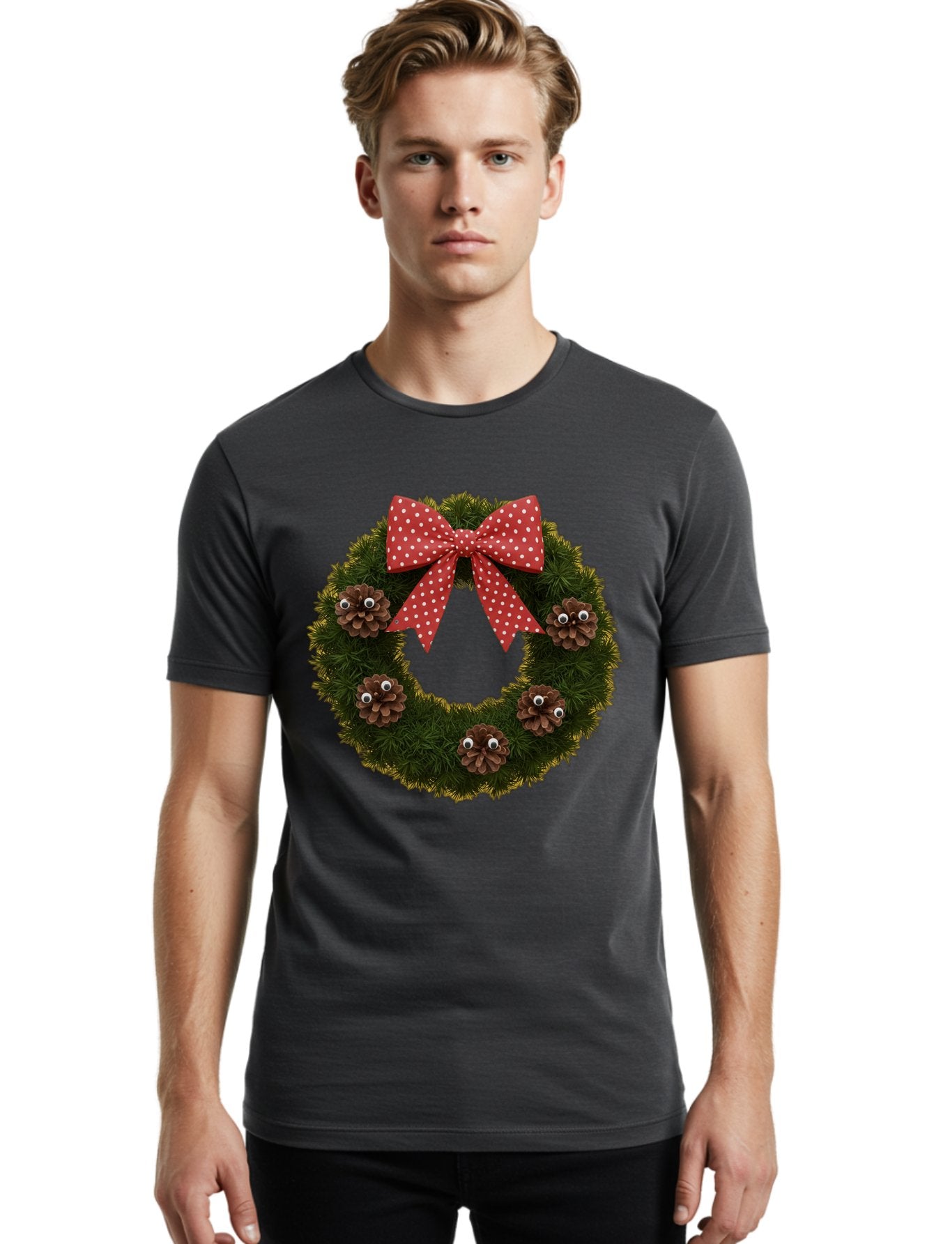 Pinecone-Wreath Men'S Graphic Tee, 100% Cotton, Comfortable Casual Summer Wear, Machine Washable, Christmas Wreath With Pinecones, Red Bow, White Polka Dots, Holiday Decoration, Festive Decor, Christmas Tree Branches, Bac246 21