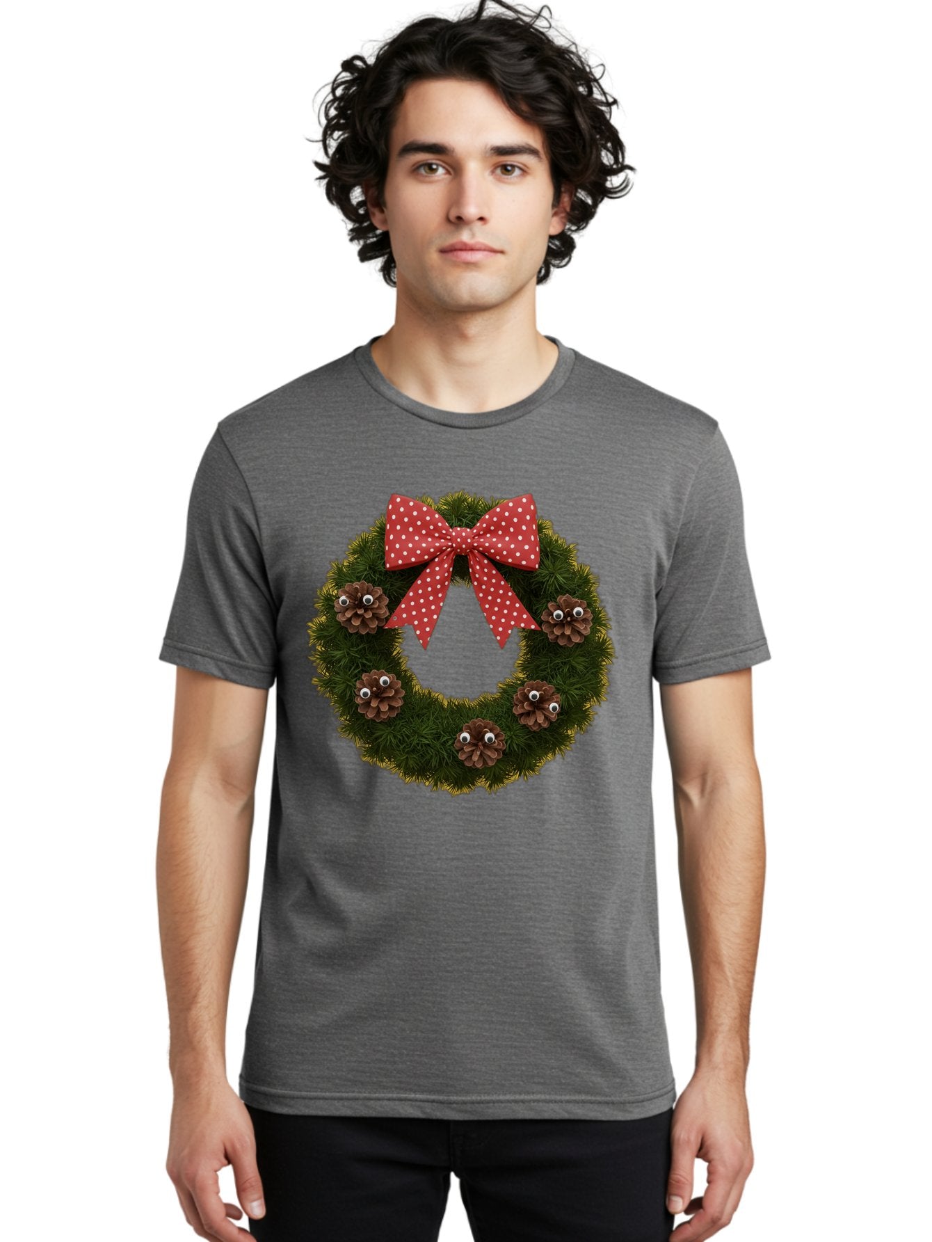 Pinecone-Wreath Men'S Graphic Tee, 100% Cotton, Comfortable Casual Summer Wear, Machine Washable, Christmas Wreath With Pinecones, Red Bow, White Polka Dots, Holiday Decoration, Festive Decor, Christmas Tree Branches, Bac246 22