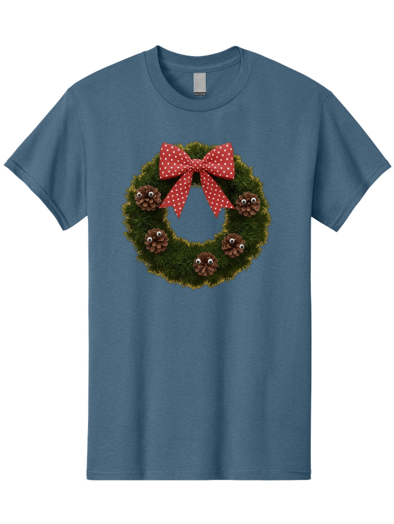 Pinecone-Wreath Men'S Graphic Tee, 100% Cotton, Comfortable Casual Summer Wear, Machine Washable, Christmas Wreath With Pinecones, Red Bow, White Polka Dots, Holiday Decoration, Festive Decor, Christmas Tree Branches, Bac246 7