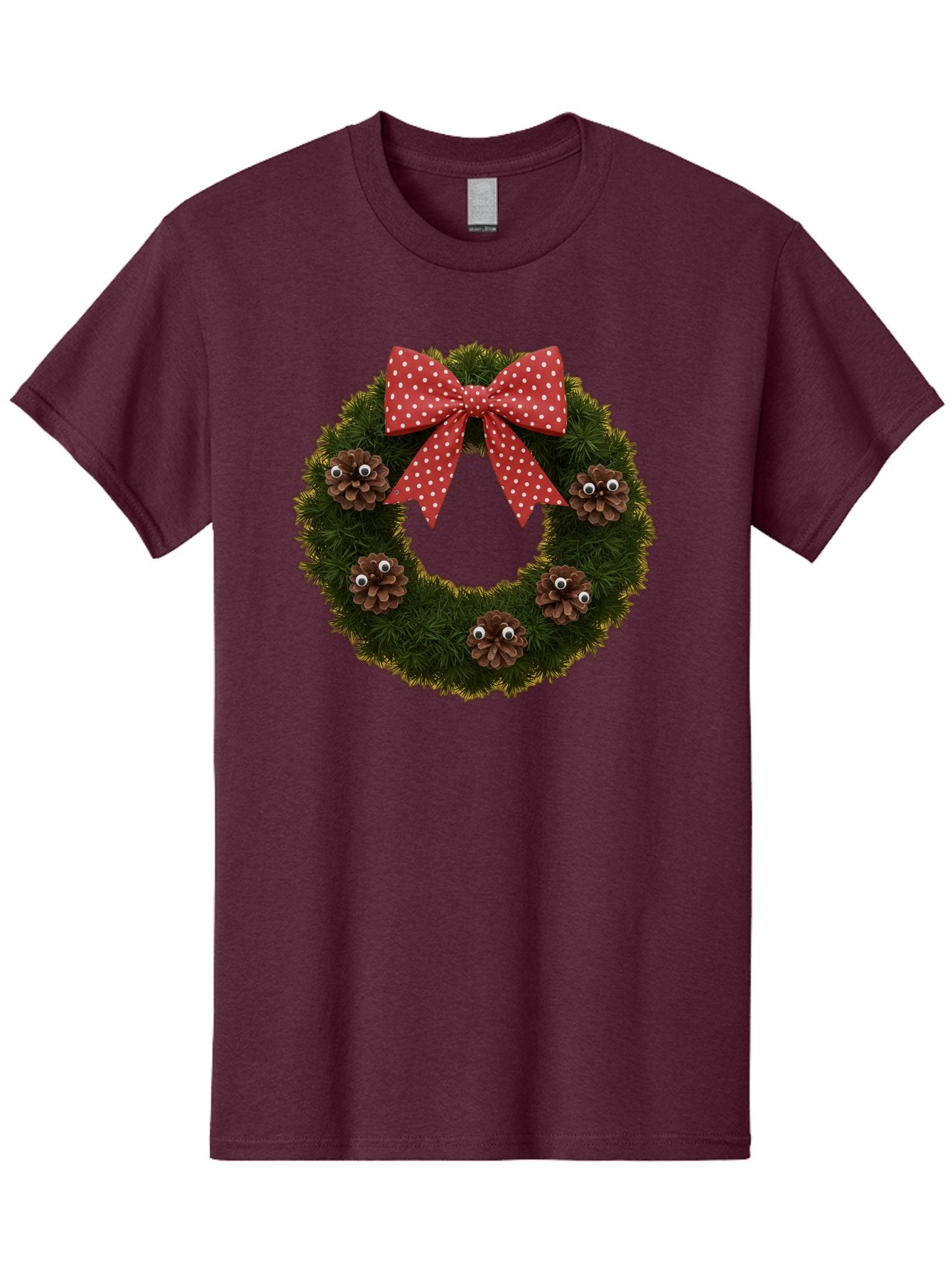 Pinecone-Wreath Men'S Graphic Tee, 100% Cotton, Comfortable Casual Summer Wear, Machine Washable, Christmas Wreath With Pinecones, Red Bow, White Polka Dots, Holiday Decoration, Festive Decor, Christmas Tree Branches, Bac246 6