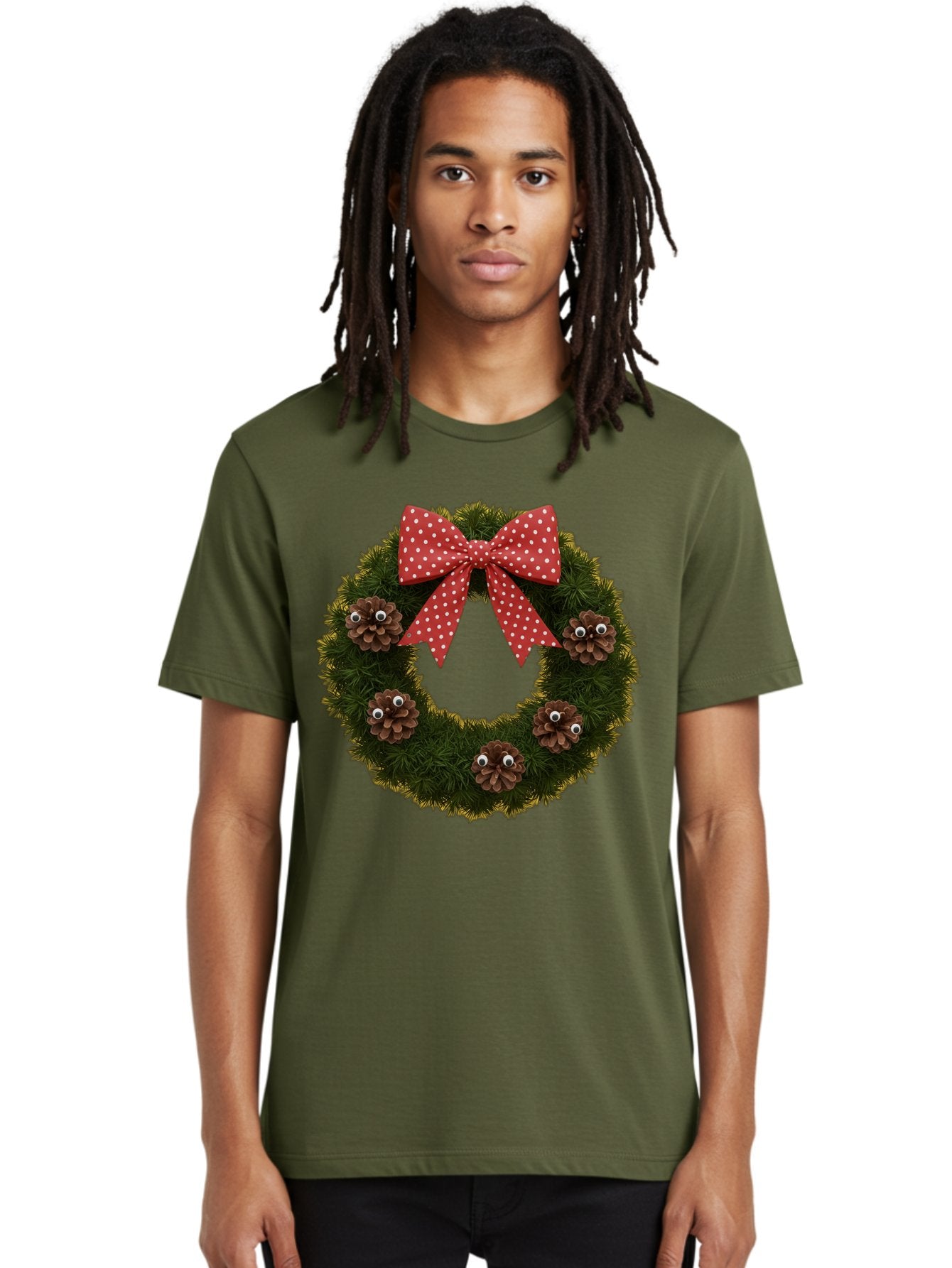 Pinecone-Wreath Men'S Graphic Tee, 100% Cotton, Comfortable Casual Summer Wear, Machine Washable, Christmas Wreath With Pinecones, Red Bow, White Polka Dots, Holiday Decoration, Festive Decor, Christmas Tree Branches, Bac246 27